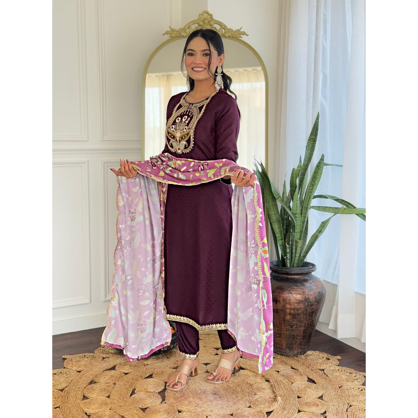 Navlik Women's Viscose Rayon Embroidered Straight Kurta with Pant and Dupatta Sets (SRS-130)
