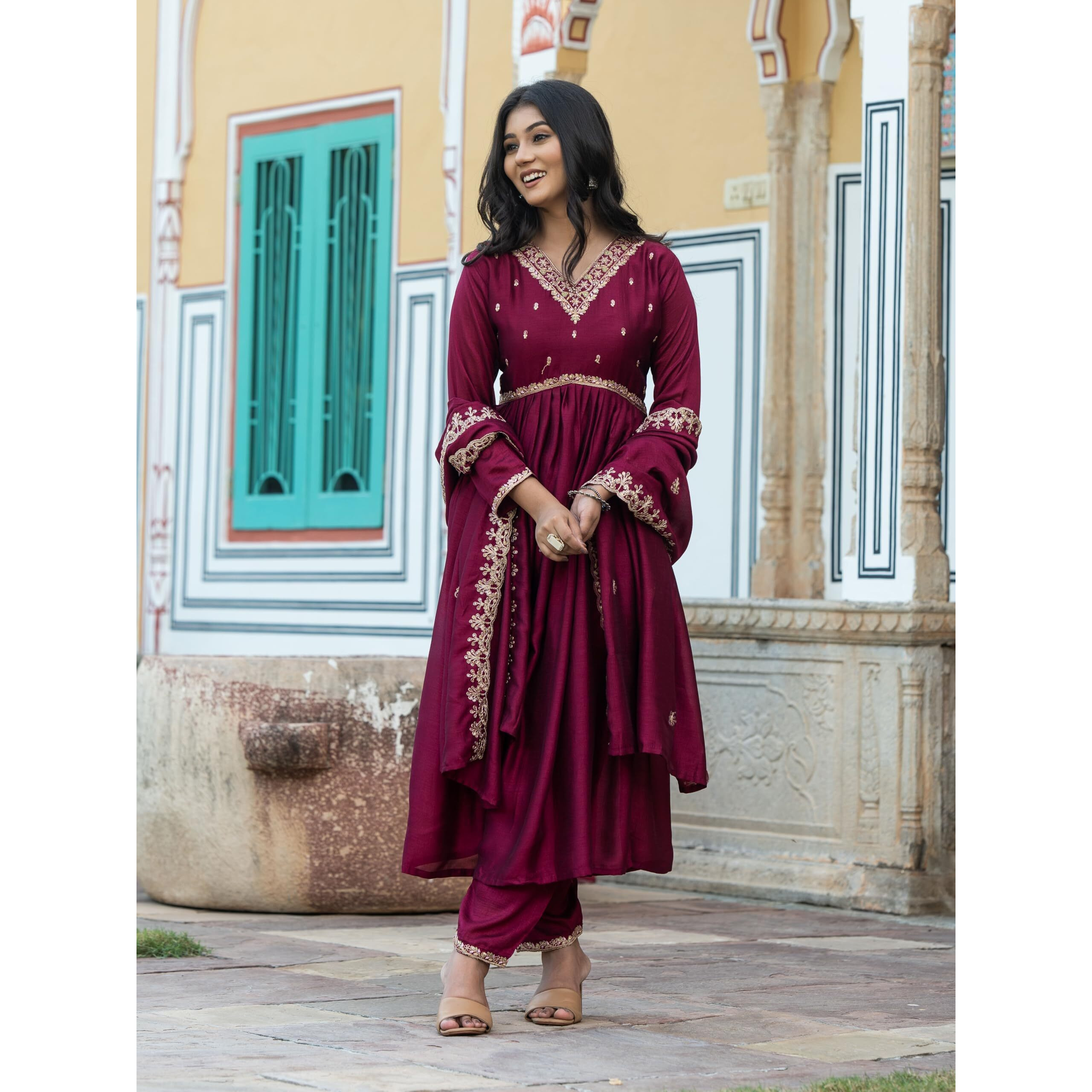 Navlik Women's Vichitra Silk Embroidered Flared Flared Kurta Pant and Dupatta Sets (S-Sameera)