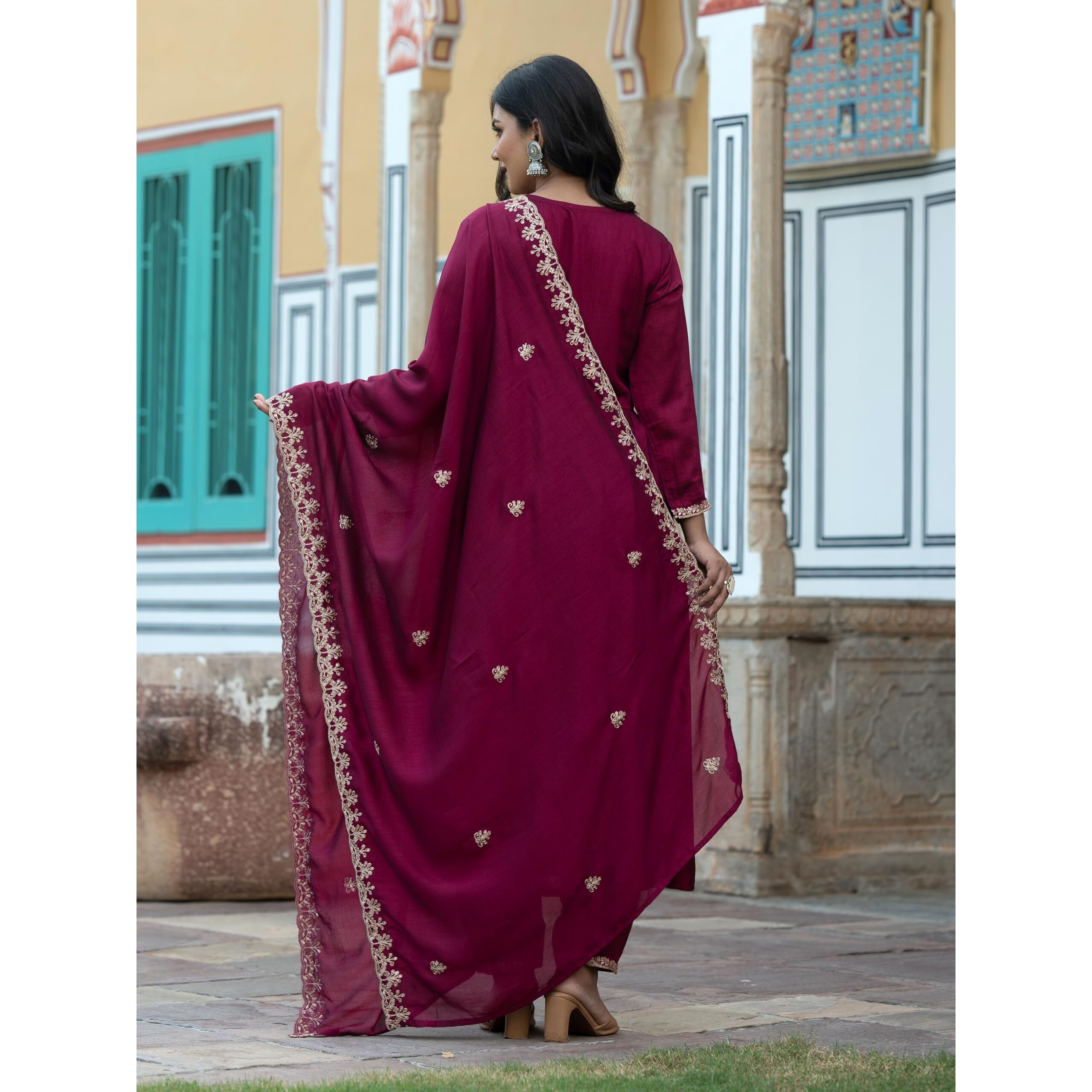Navlik Women's Vichitra Silk Embroidered Flared Flared Kurta Pant and Dupatta Sets (S-Sameera)
