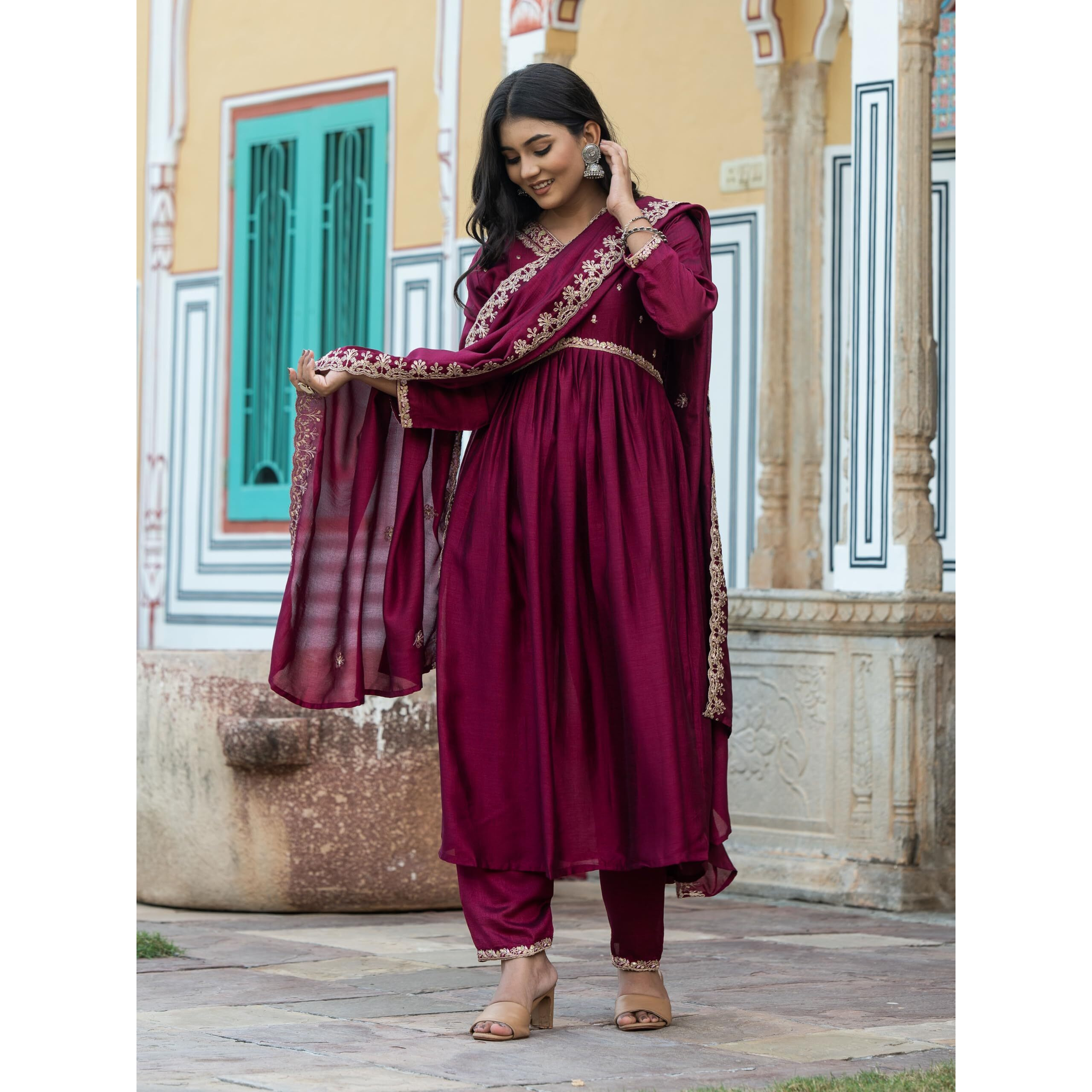 Navlik Women's Vichitra Silk Embroidered Flared Flared Kurta Pant and Dupatta Sets (S-Sameera)