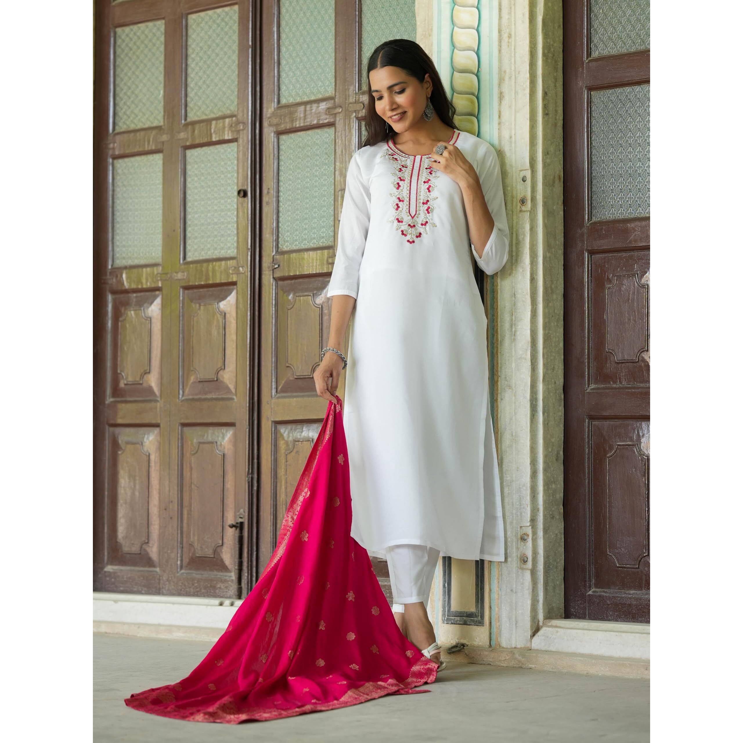 Navlik Women's Viscose Silk Embroidered Straight Kurta with Pant and Dupatta Sets (S-Shireen)