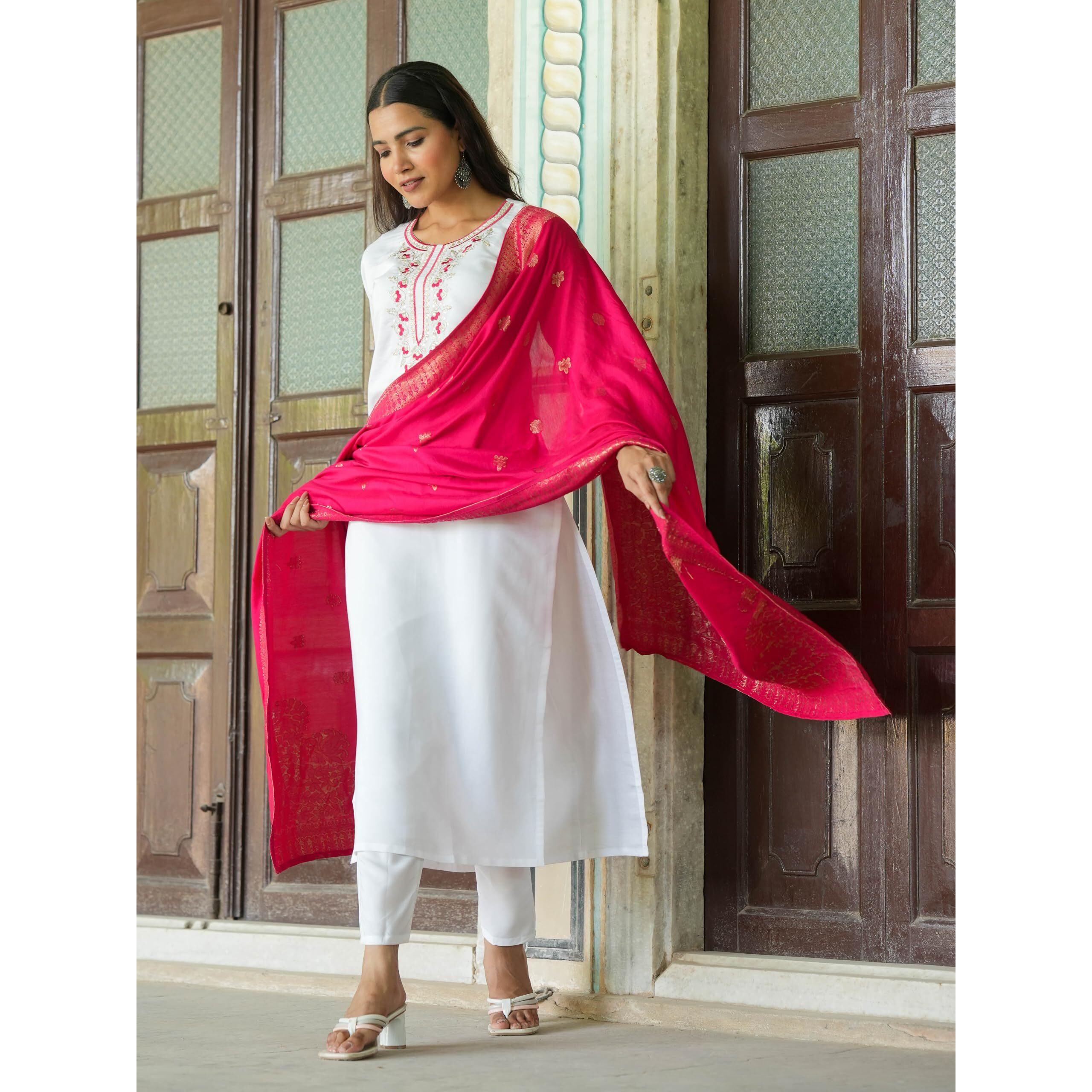 Navlik Women's Viscose Silk Embroidered Straight Kurta with Pant and Dupatta Sets (S-Shireen)
