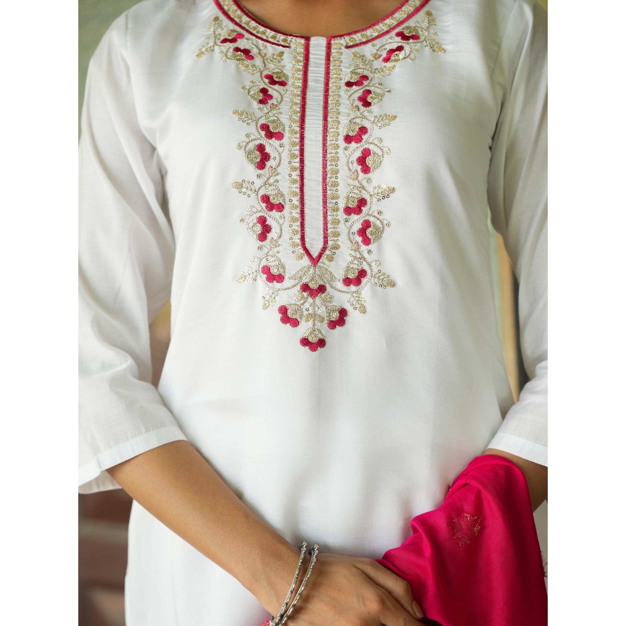 Navlik Women's Viscose Silk Embroidered Straight Kurta with Pant and Dupatta Sets (S-Shireen)