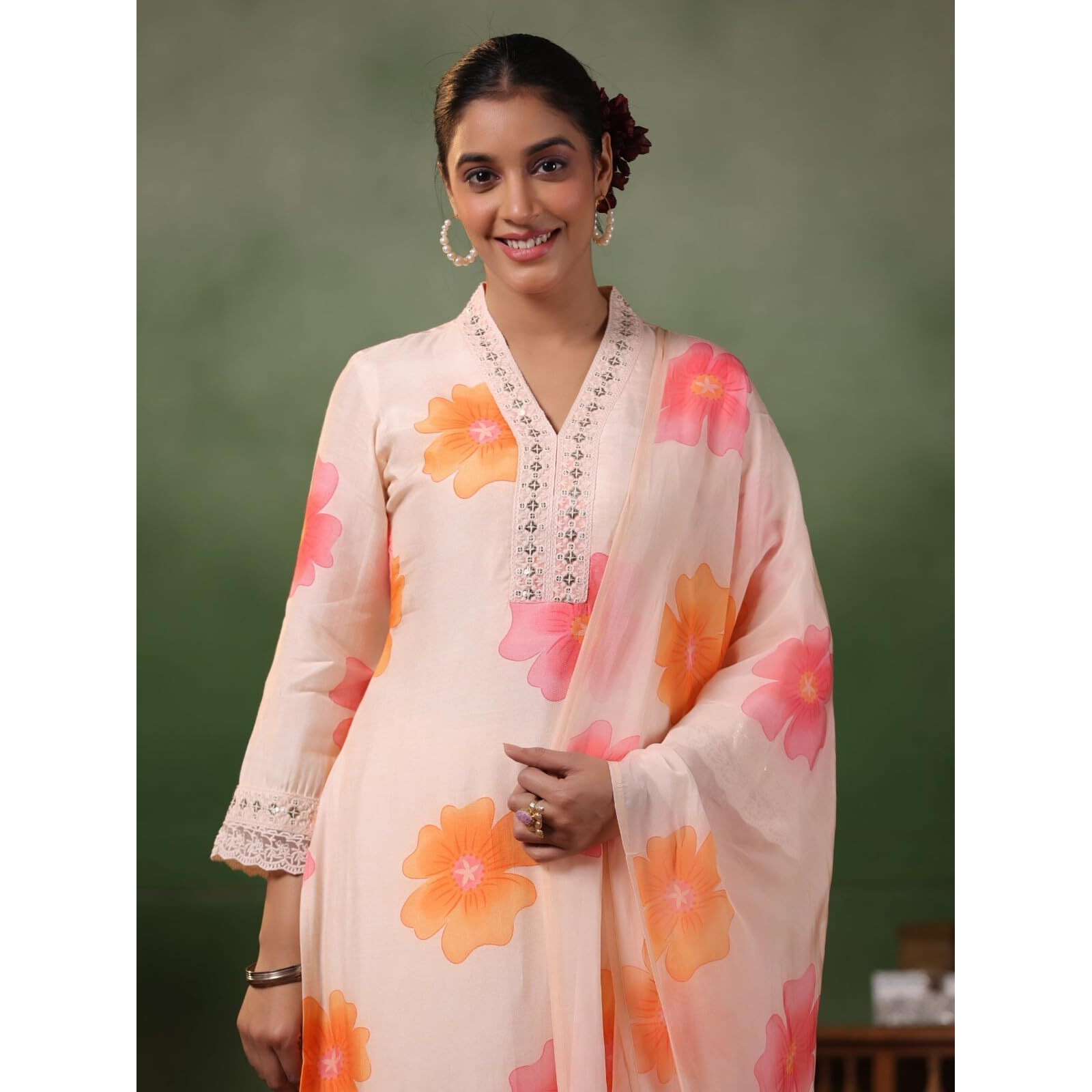 Navlik Women's Peach French Crepe Embroidered and Printed Straight Kurta with Viscose Rayon Pant and Organza Printed Dupatta Sets (NK-S-Sitara)