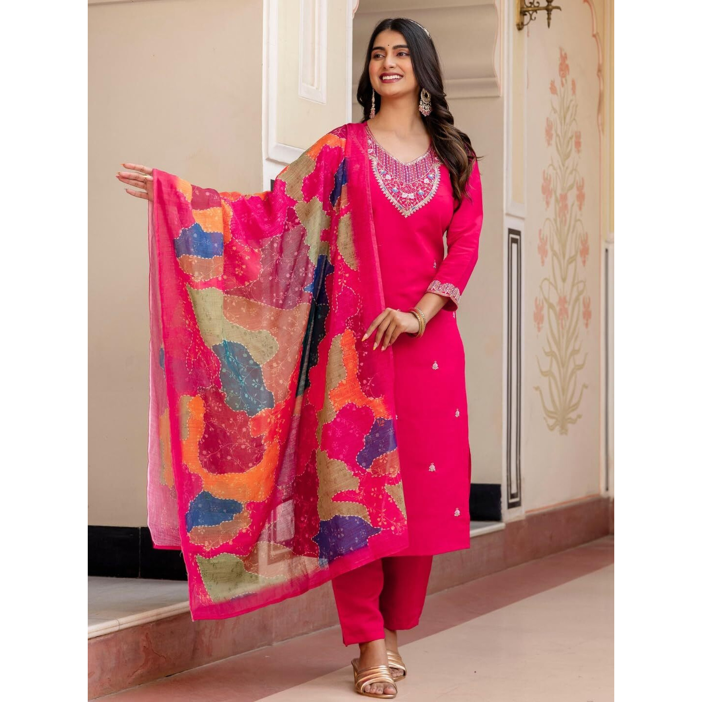 Navlik Women's Red Chanderi Viscose Embroidered Straight Kurta with Chanderi Viscose Pant and Linen Printed Dupatta Sets (NK-S-Siya)