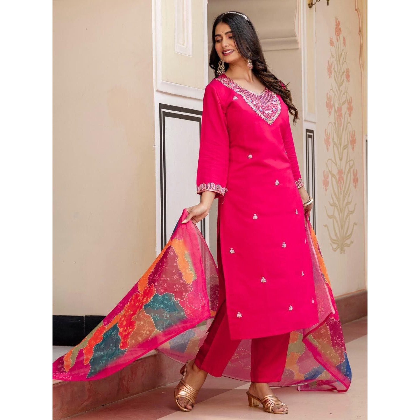 Navlik Women's Red Chanderi Viscose Embroidered Straight Kurta with Chanderi Viscose Pant and Linen Printed Dupatta Sets (NK-S-Siya)