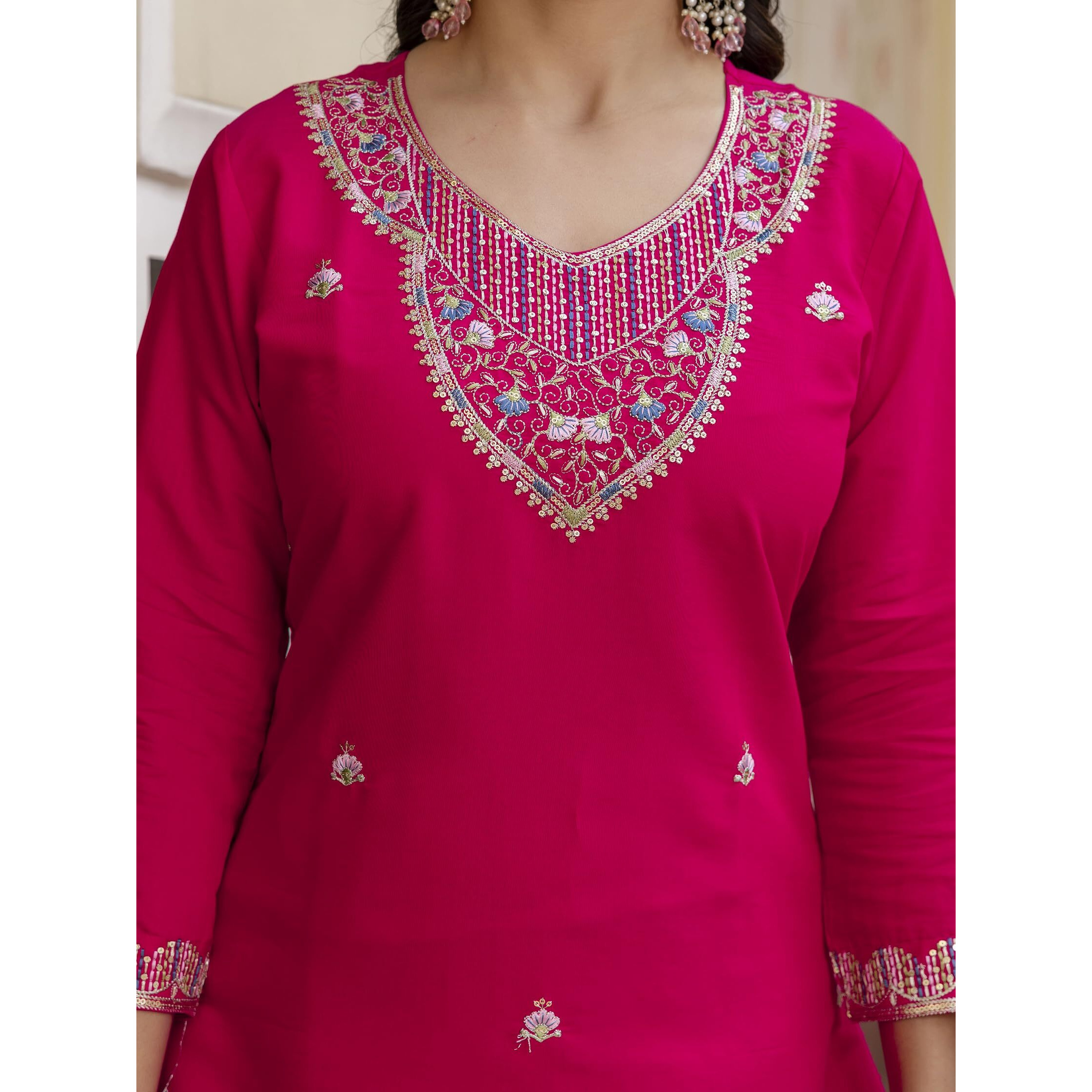 Navlik Women's Red Chanderi Viscose Embroidered Straight Kurta with Chanderi Viscose Pant and Linen Printed Dupatta Sets (NK-S-Siya)