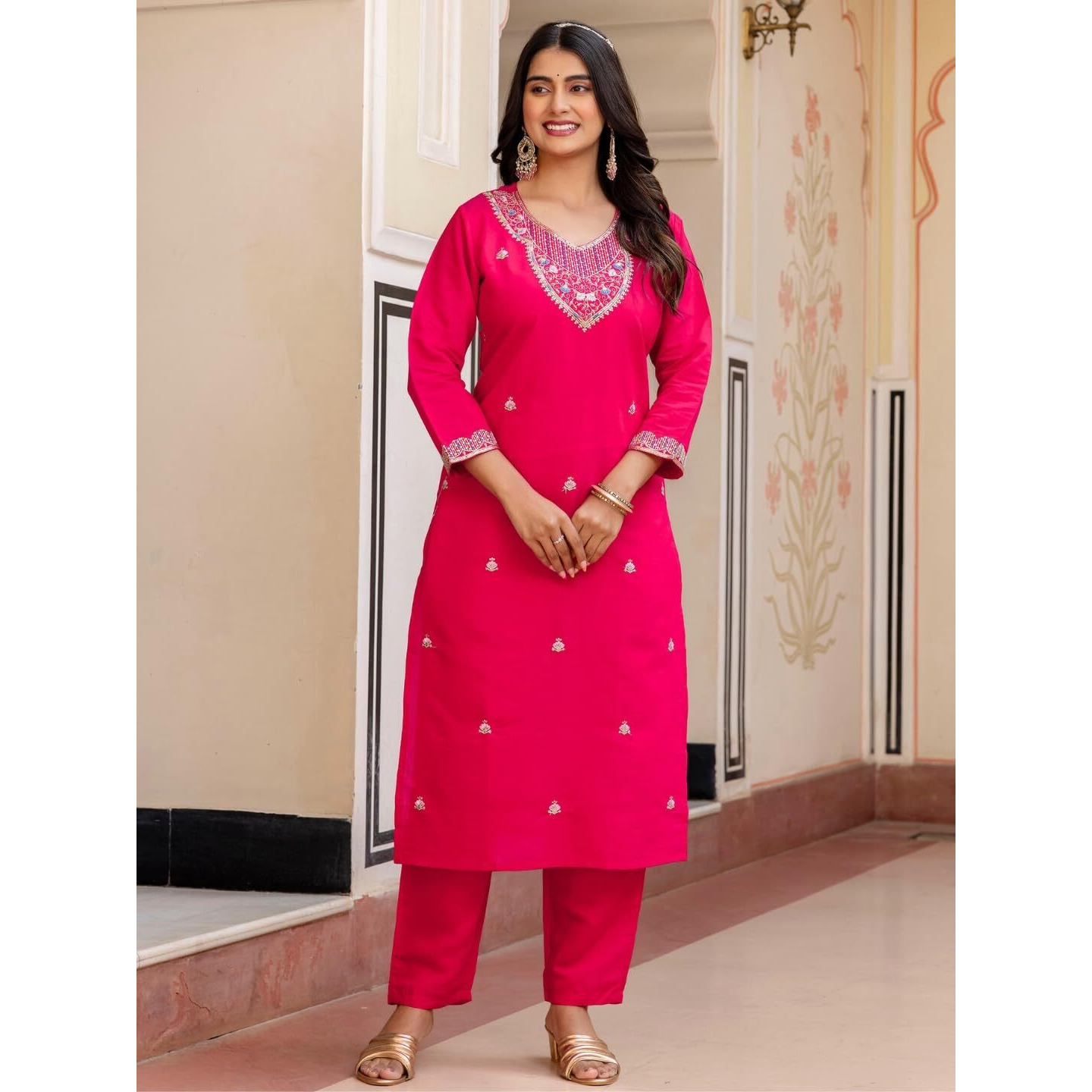 Navlik Women's Red Chanderi Viscose Embroidered Straight Kurta with Chanderi Viscose Pant and Linen Printed Dupatta Sets (NK-S-Siya)