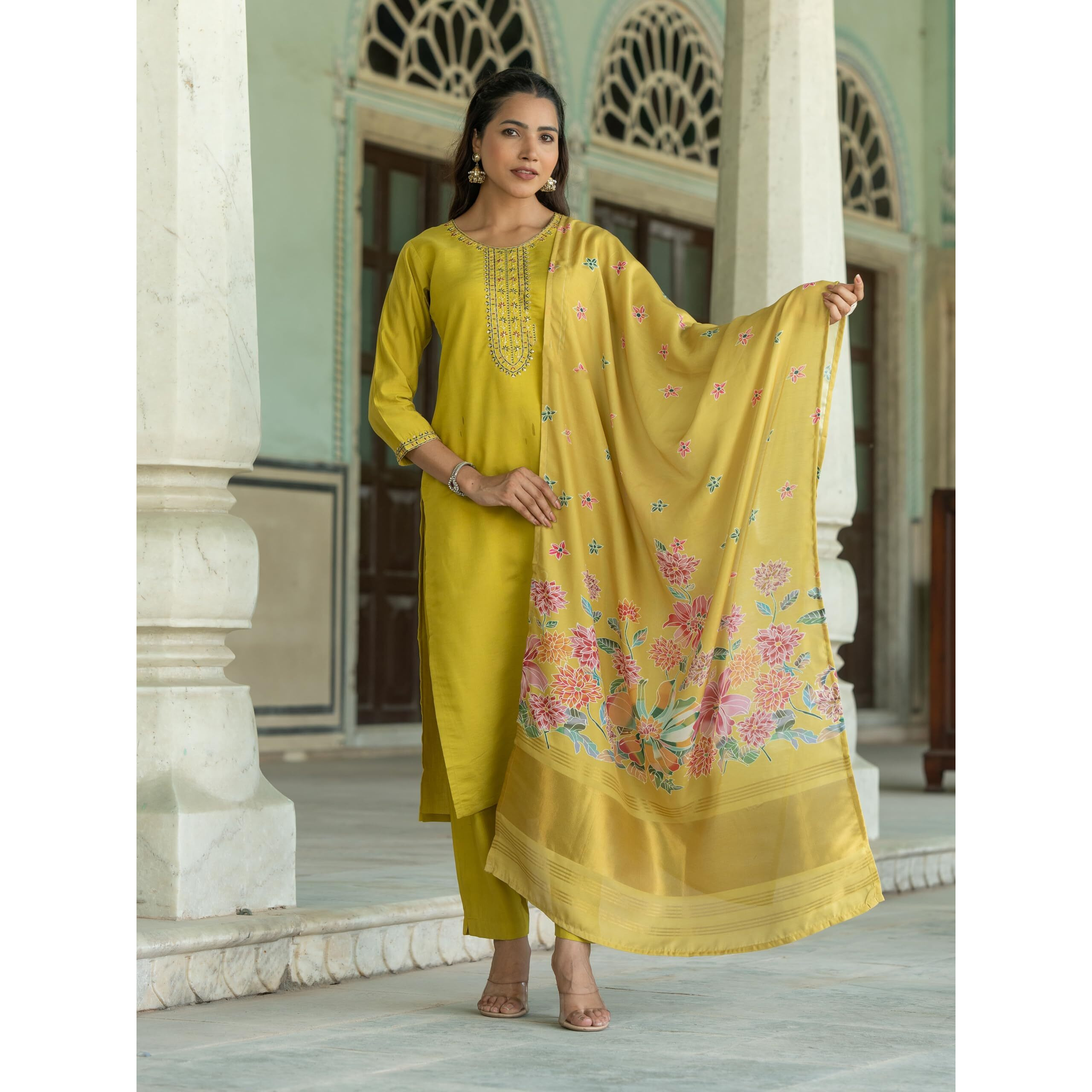 Navlik Women's Chanderi Viscose Embroidered Straight Kurta with Pant and Dupatta Sets (S-Sofia)