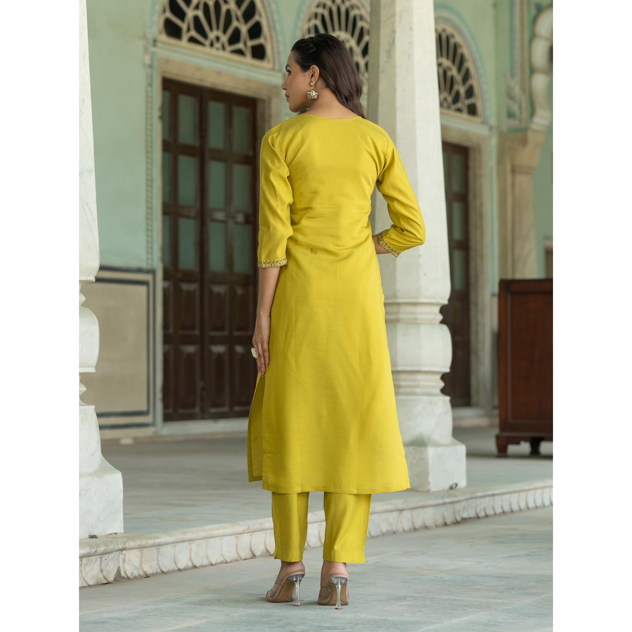 Navlik Women's Chanderi Viscose Embroidered Straight Kurta with Pant and Dupatta Sets (S-Sofia)
