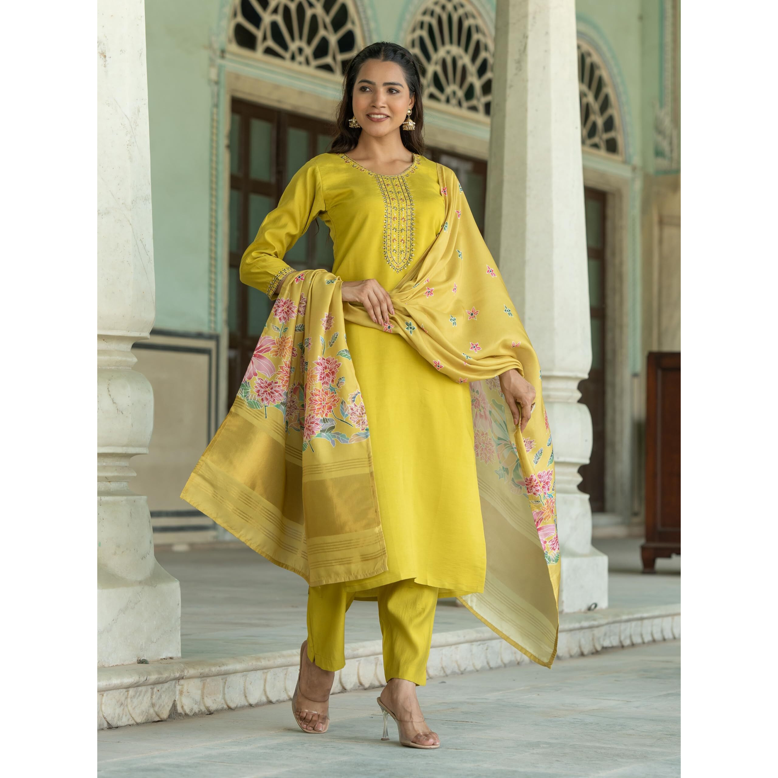 Navlik Women's Chanderi Viscose Embroidered Straight Kurta with Pant and Dupatta Sets (S-Sofia)