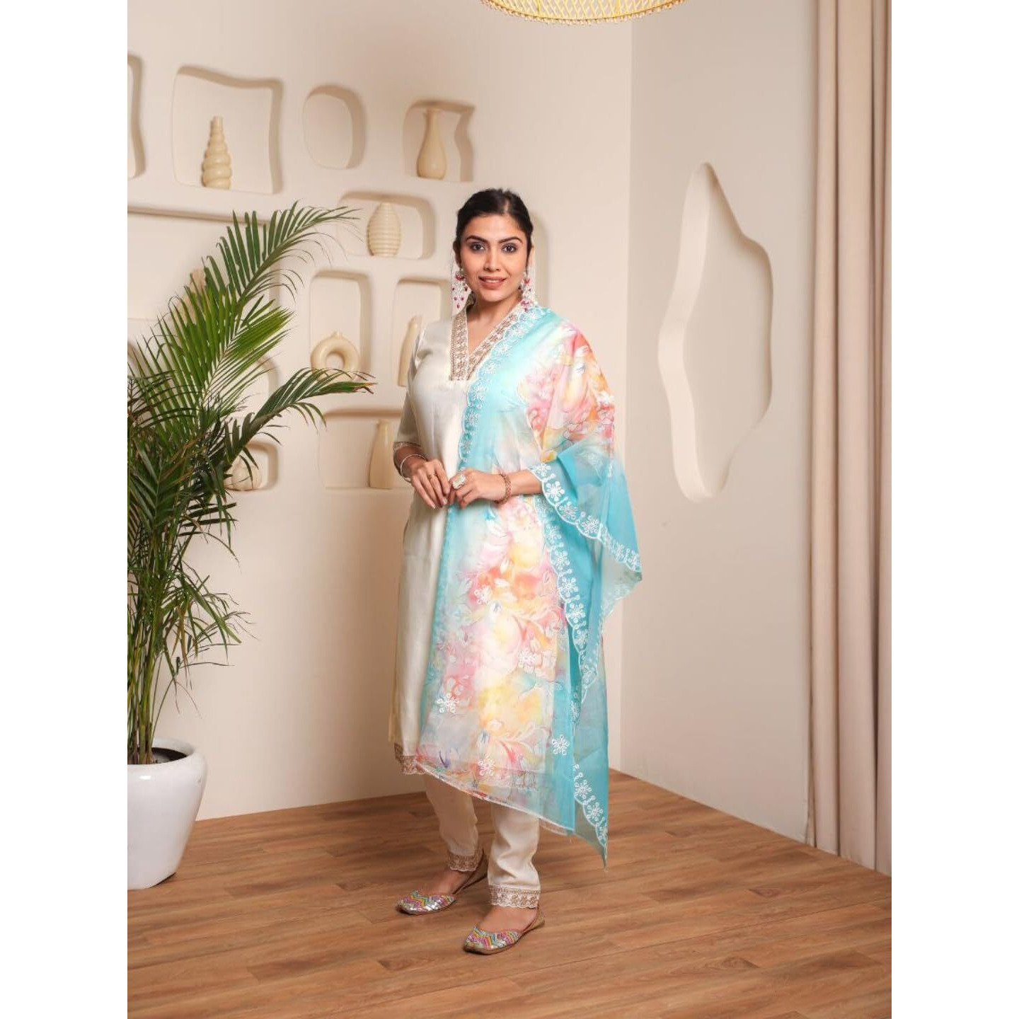 Navlik Women's Off White Chanderi Cotton with Inner Embroidered Straight Kurta with Chanderi Cotton Pant and Organza Embroidered Dupatta Sets (NK-STYL-Aleena)