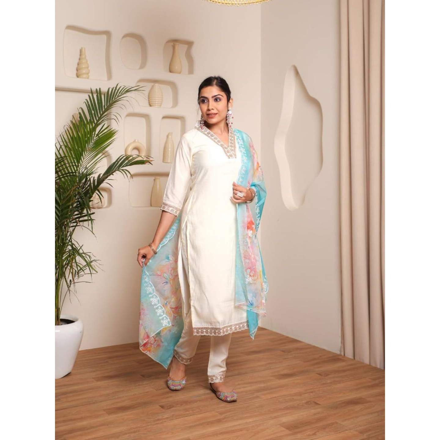 Navlik Women's Off White Chanderi Cotton with Inner Embroidered Straight Kurta with Chanderi Cotton Pant and Organza Embroidered Dupatta Sets (NK-STYL-Aleena)