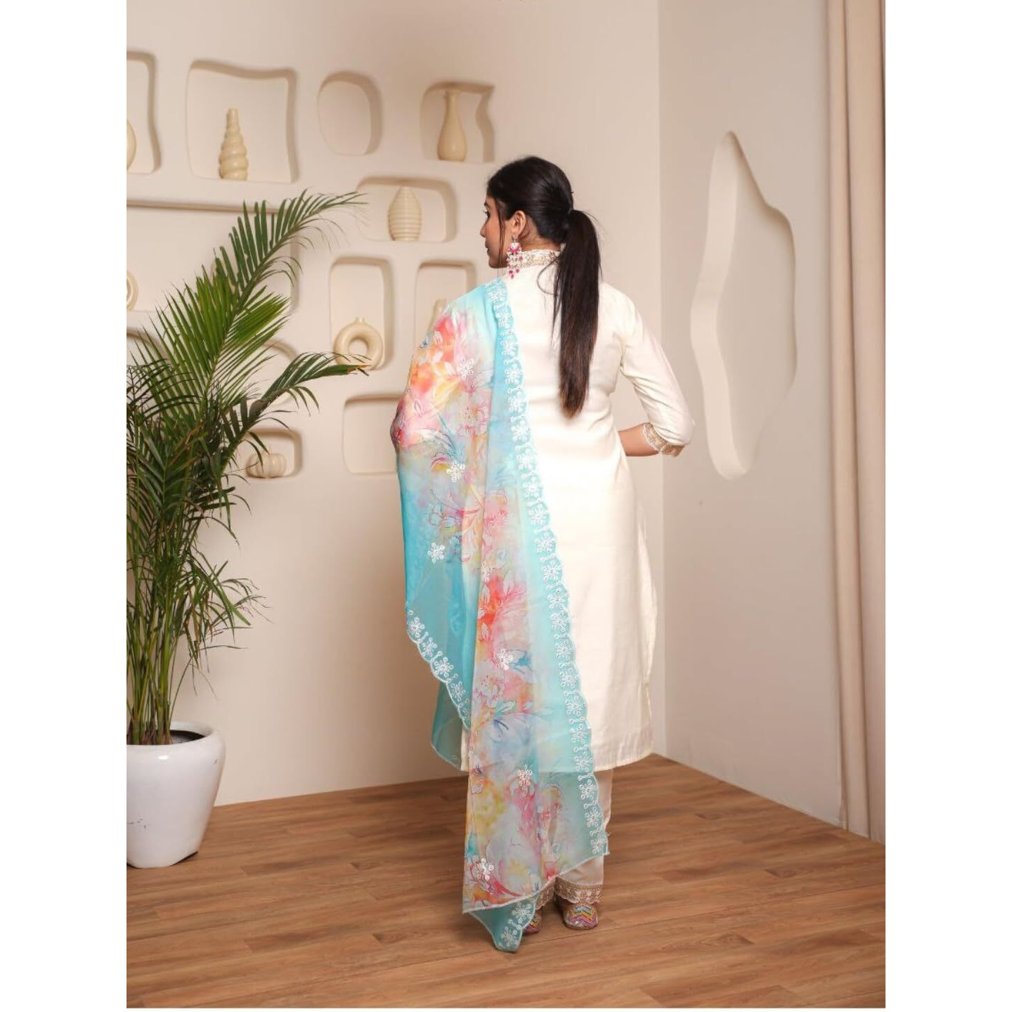 Navlik Women's Off White Chanderi Cotton with Inner Embroidered Straight Kurta with Chanderi Cotton Pant and Organza Embroidered Dupatta Sets (NK-STYL-Aleena)