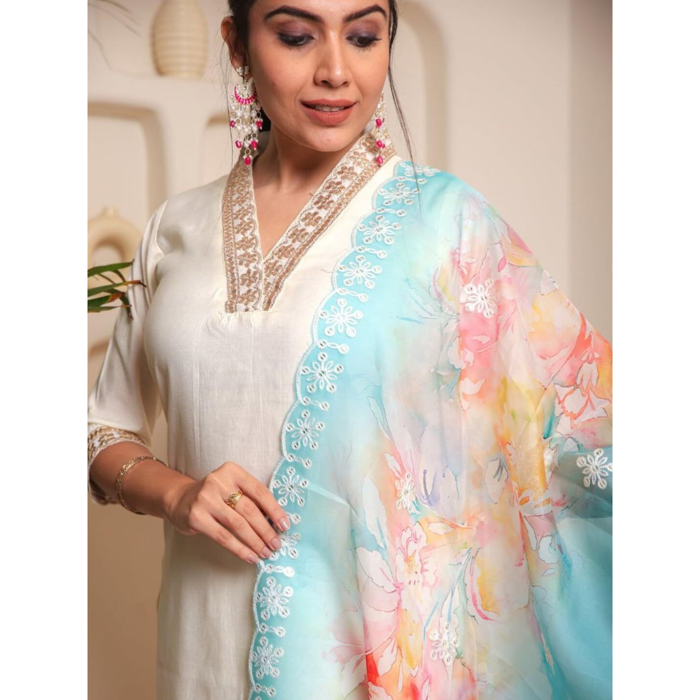 Navlik Women's Off White Chanderi Cotton with Inner Embroidered Straight Kurta with Chanderi Cotton Pant and Organza Embroidered Dupatta Sets (NK-STYL-Aleena)