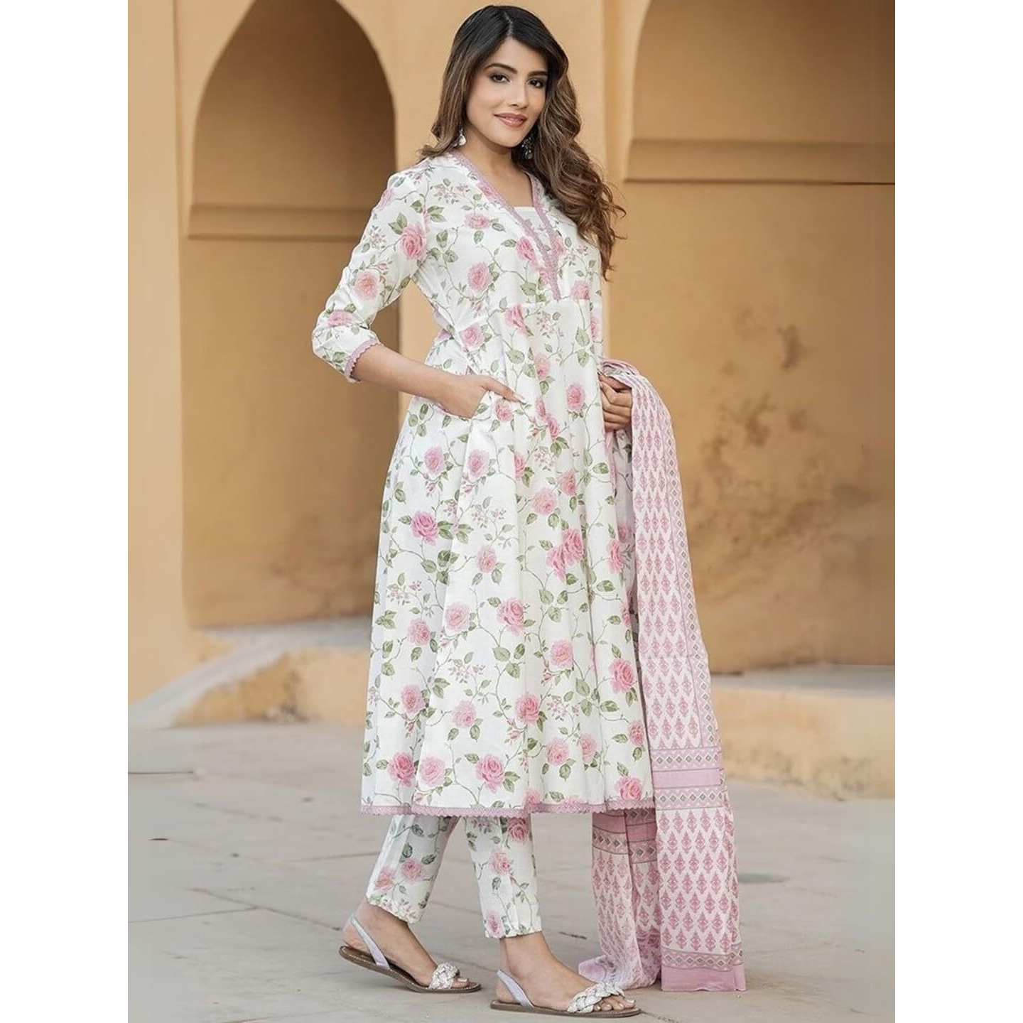 Navlik Women's Cotton Printed A-Line Kurta with Pant and Dupatta Sets (STYL-Kamini)