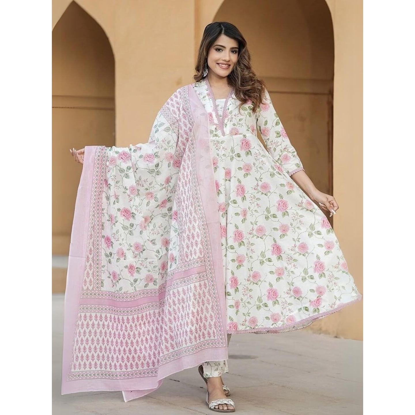 Navlik Women's Cotton Printed A-Line Kurta with Pant and Dupatta Sets (STYL-Kamini)