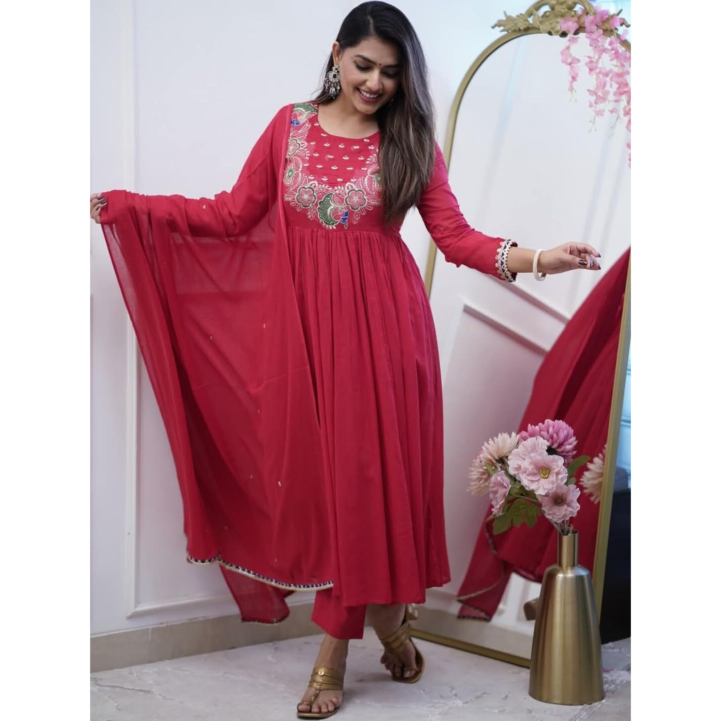 Navlik Women's Chinon Embroidered Straight Kurta Pant and Dupatta Sets (STYL-Morlo)