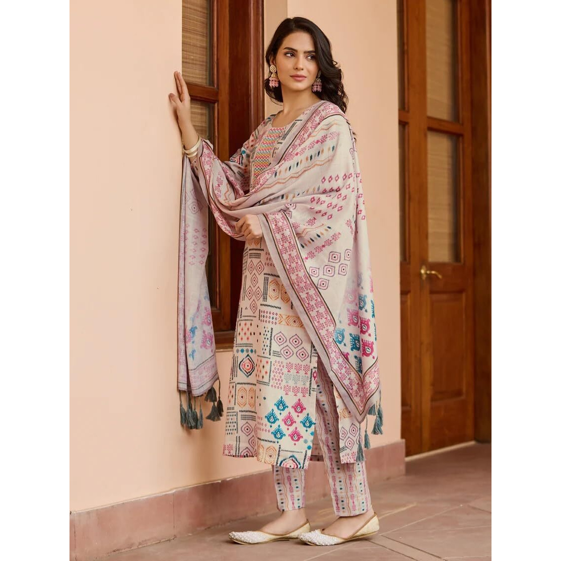 Navlik Women's Chiku Cotton Printed Straight Kurta with Cotton Pant and Chanderi Cotton Printed Dupatta Sets (NK-STYL-Reha)