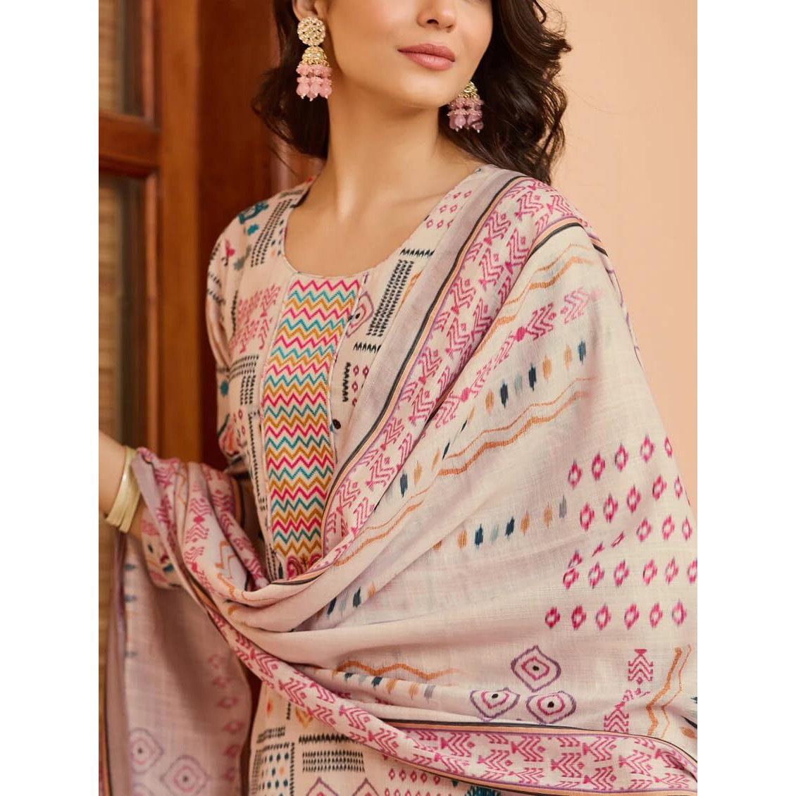 Navlik Women's Chiku Cotton Printed Straight Kurta with Cotton Pant and Chanderi Cotton Printed Dupatta Sets (NK-STYL-Reha)