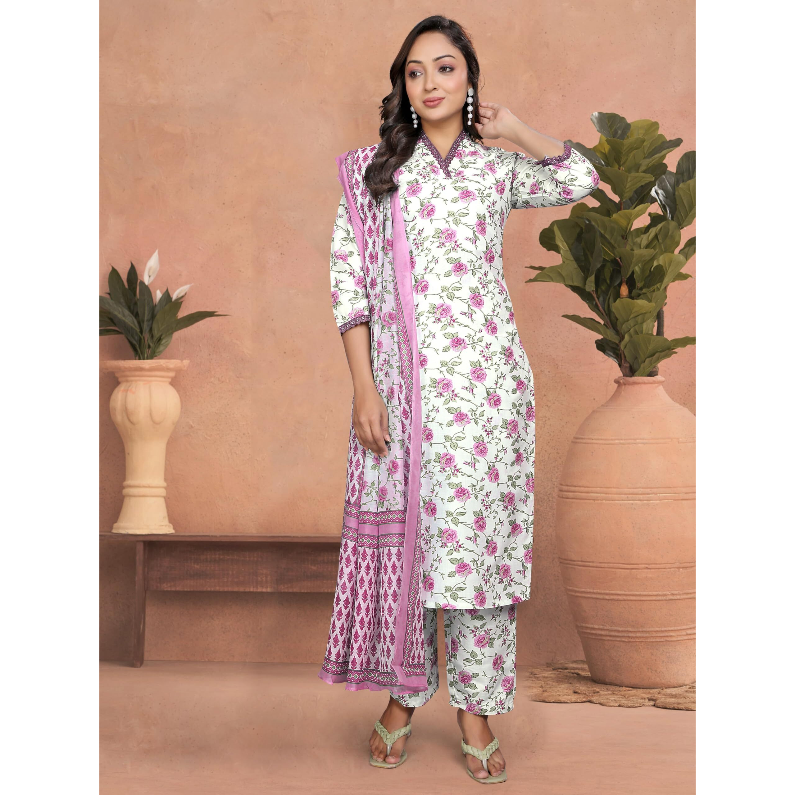 Navlik Women's Cotton Printed Straight Kurta with Pant and Dupatta Sets (STYL-Sangini)