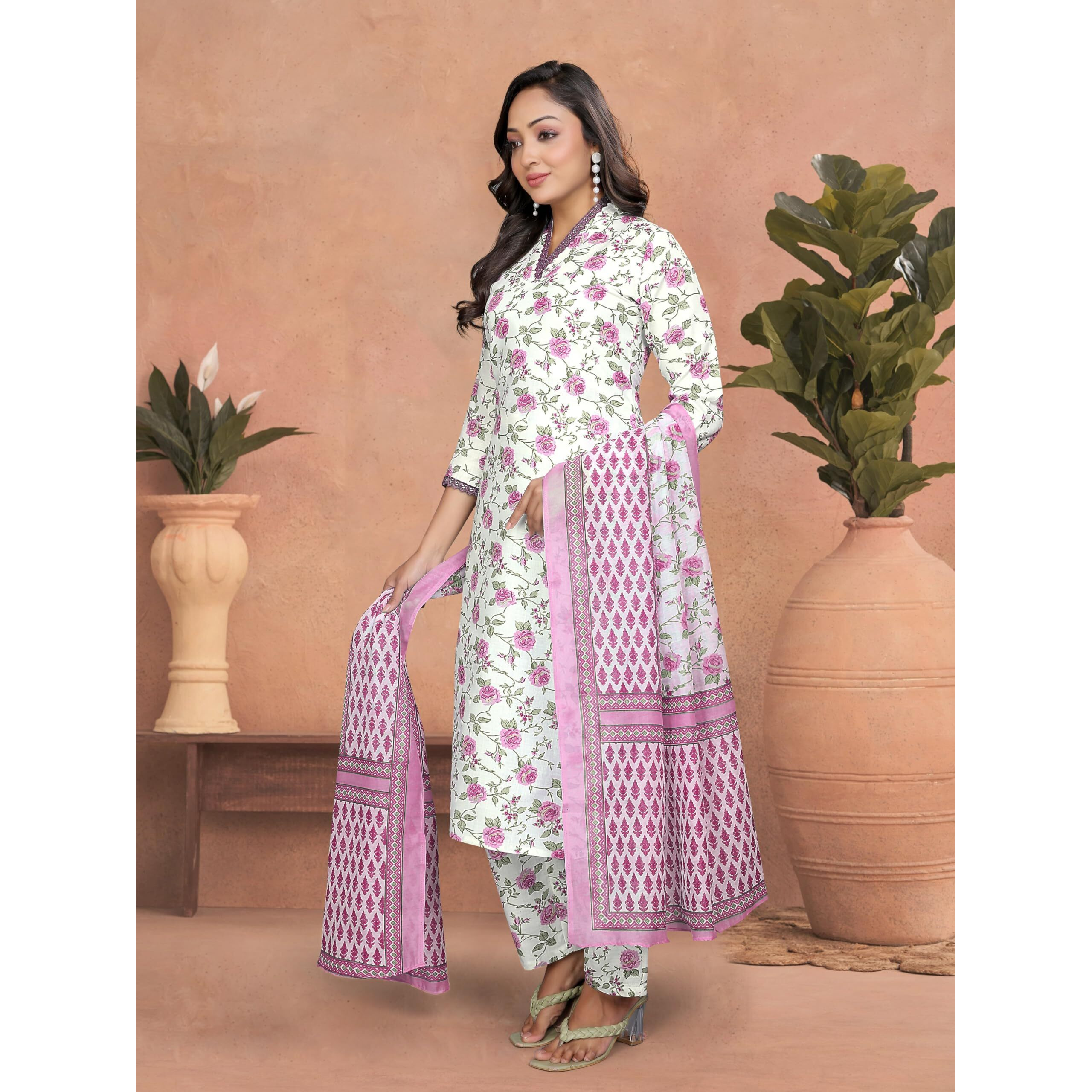 Navlik Women's Cotton Printed Straight Kurta with Pant and Dupatta Sets (STYL-Sangini)