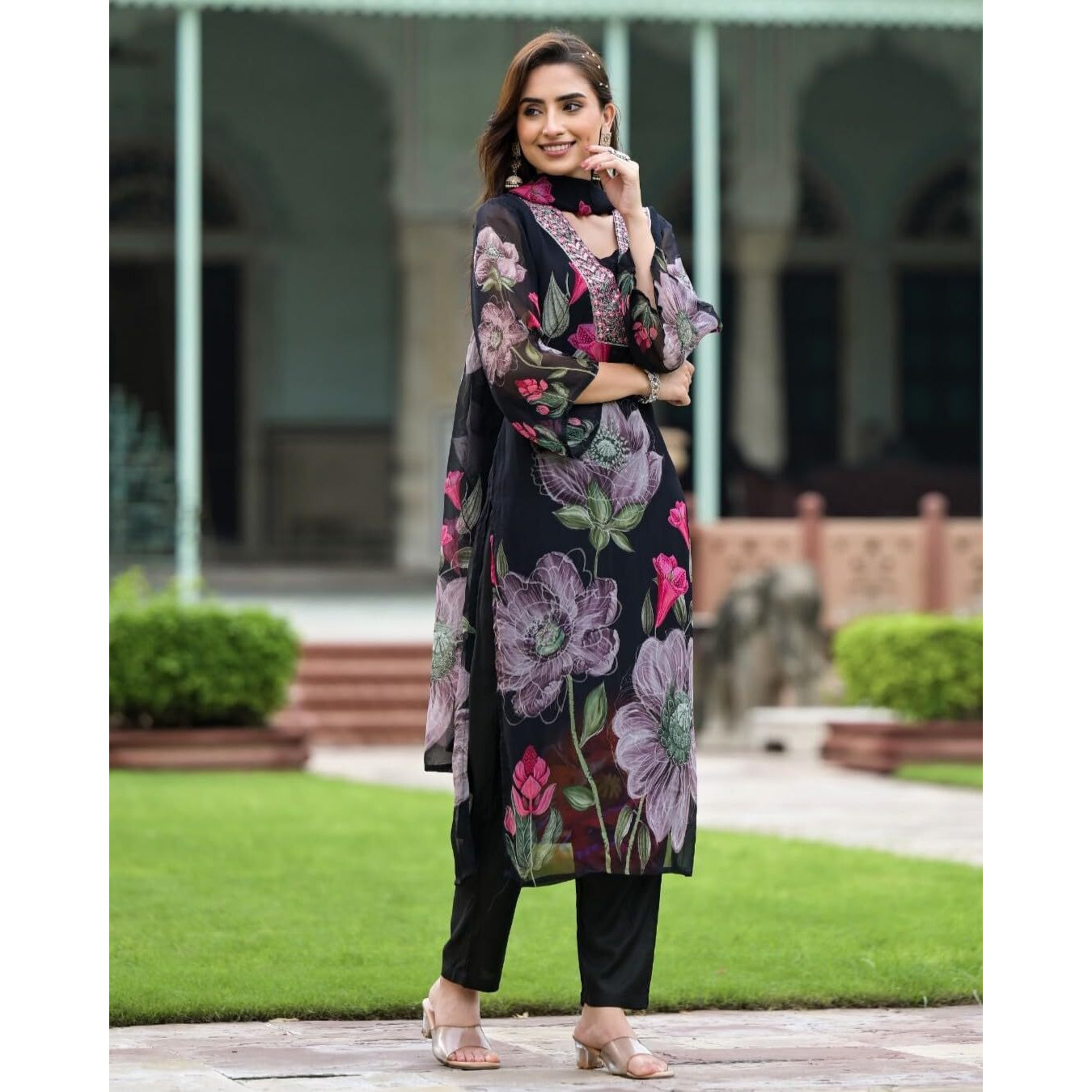 Navlik Women's White Georgette Embroidered and Printed Straight Kurta with Rayon Pant and Georgette Printed Dupatta Sets (NK-STYL-Sonika)