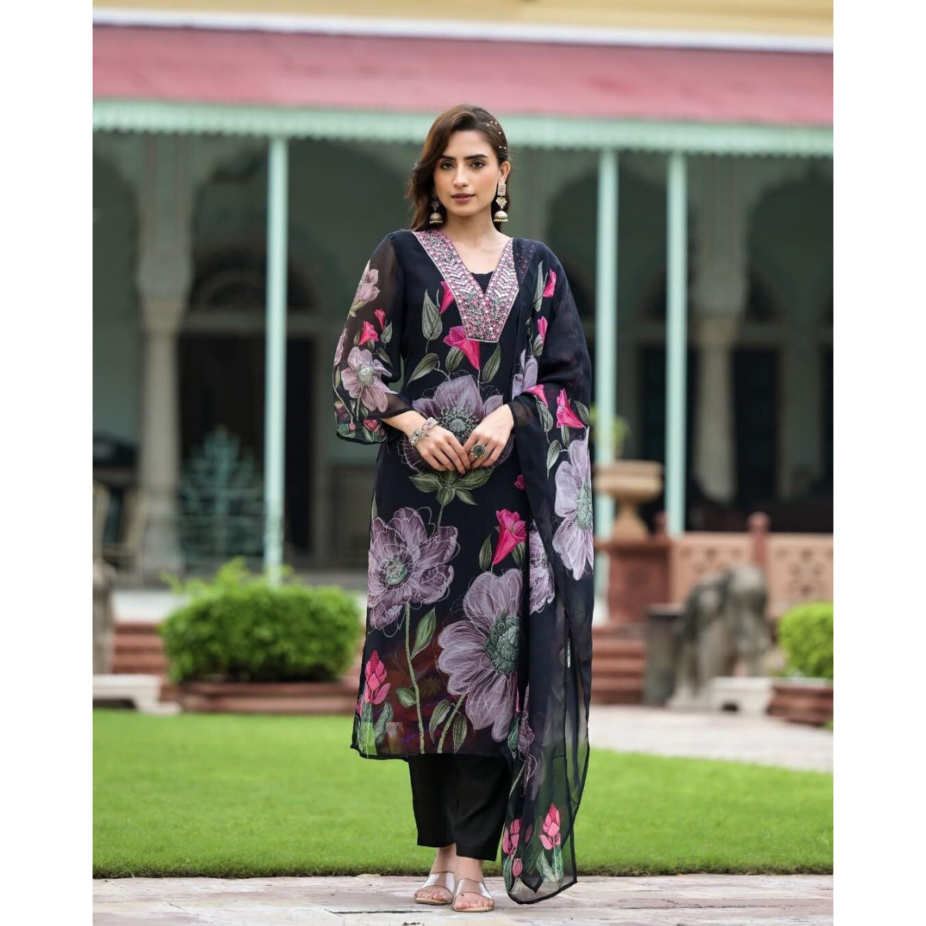 Navlik Women's White Georgette Embroidered and Printed Straight Kurta with Rayon Pant and Georgette Printed Dupatta Sets (NK-STYL-Sonika)