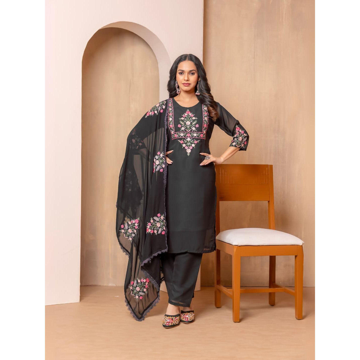 Navlik Women's White Georgette with Inner Embroidered Straight Kurta with Georgette with Cotton Inner Pant and Georgette Embroidered Dupatta Sets (NK-STYL-Suchi)