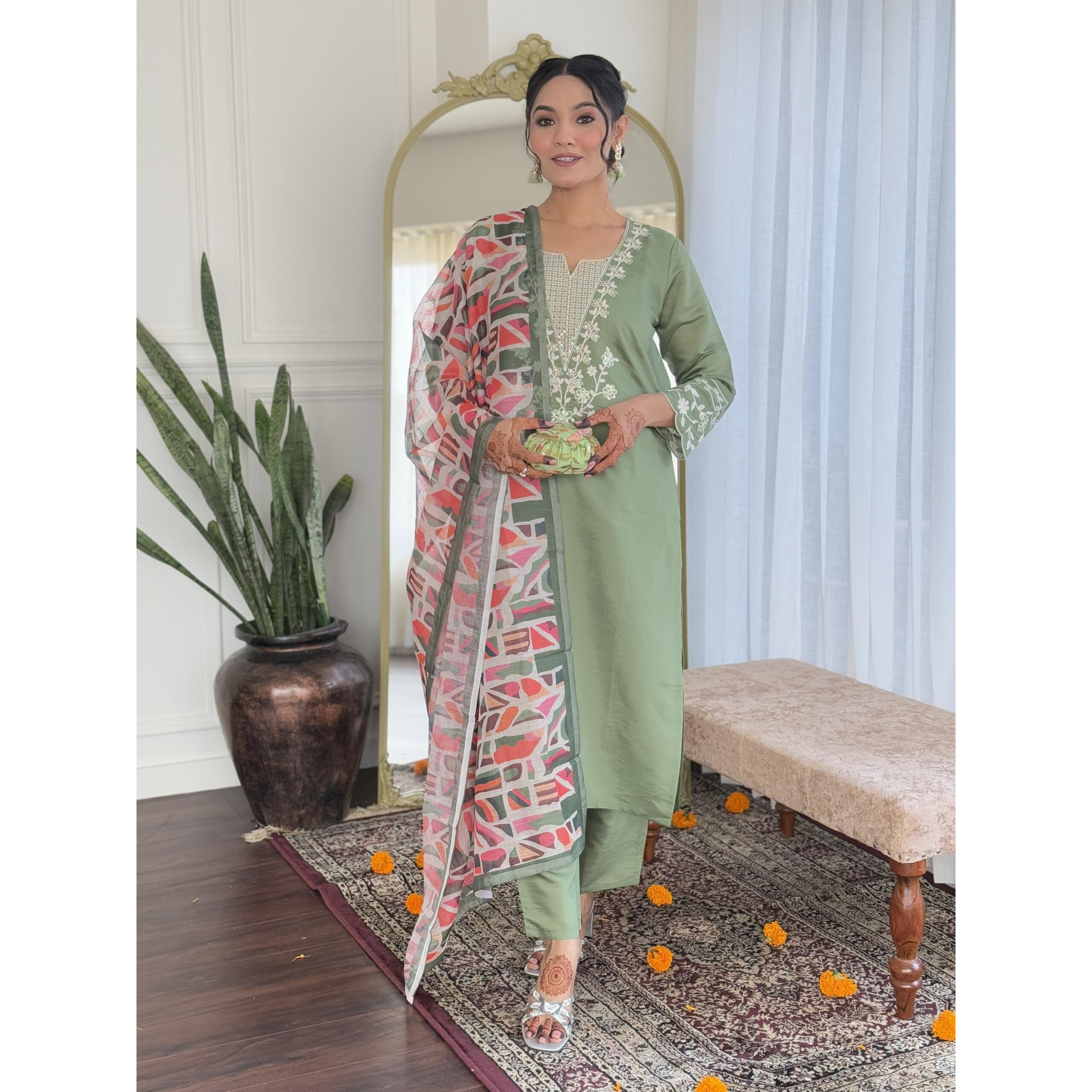 Navlik Women's Pista Chanderi Viscose Embroidered Straight Kurta with Chanderi Viscose Pant and Linen Printed Dupatta Sets (NK-S-Veda)