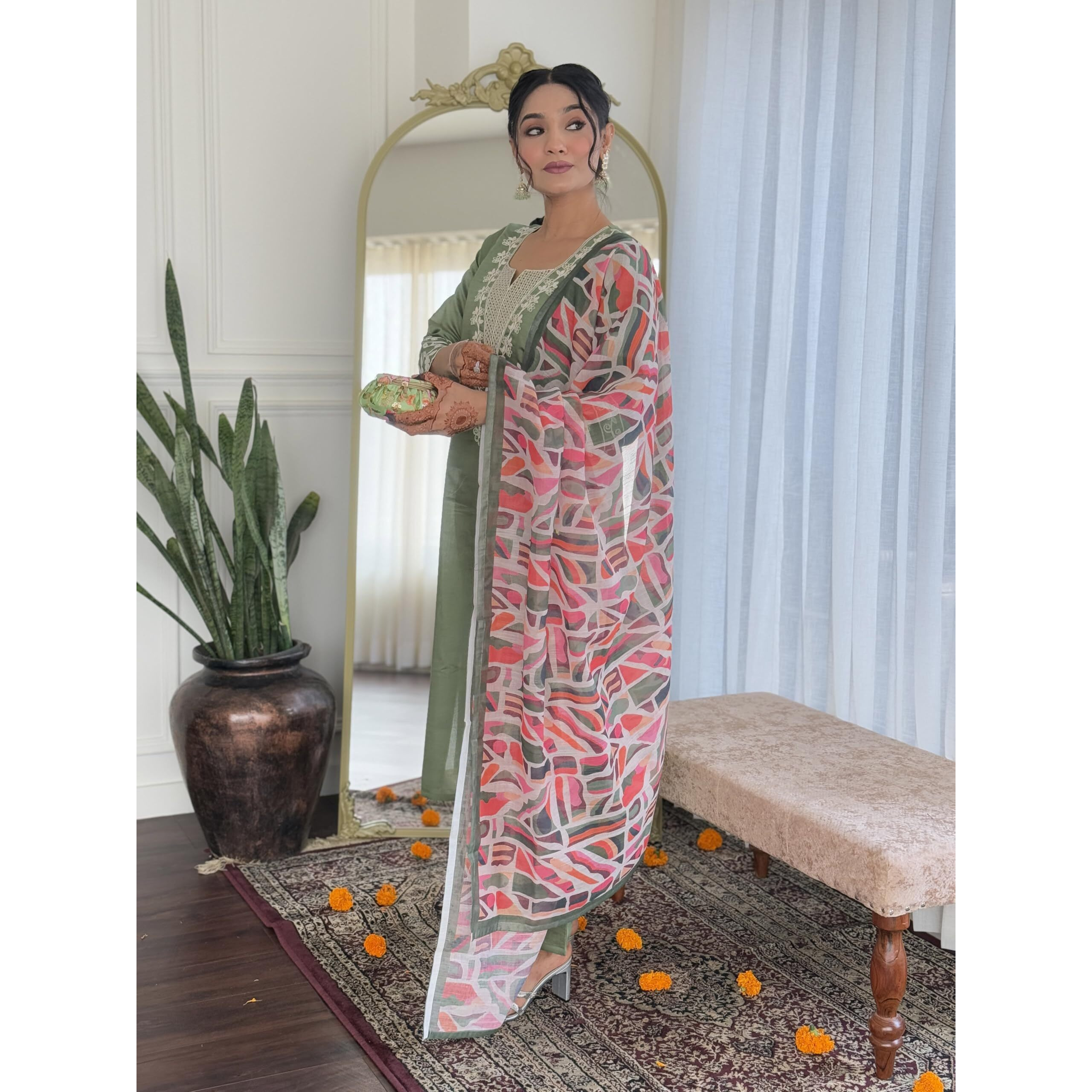 Navlik Women's Pista Chanderi Viscose Embroidered Straight Kurta with Chanderi Viscose Pant and Linen Printed Dupatta Sets (NK-S-Veda)