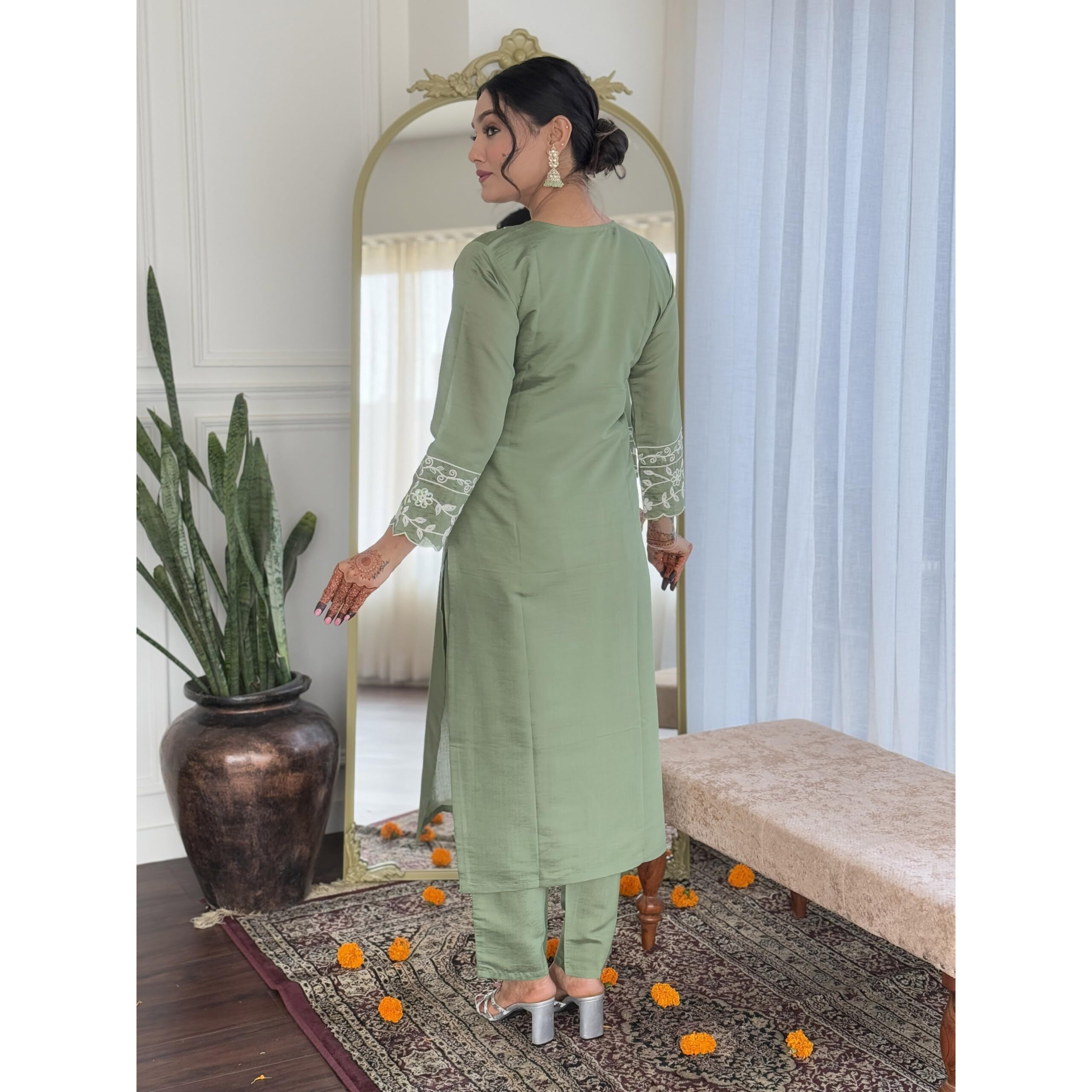 Navlik Women's Pista Chanderi Viscose Embroidered Straight Kurta with Chanderi Viscose Pant and Linen Printed Dupatta Sets (NK-S-Veda)