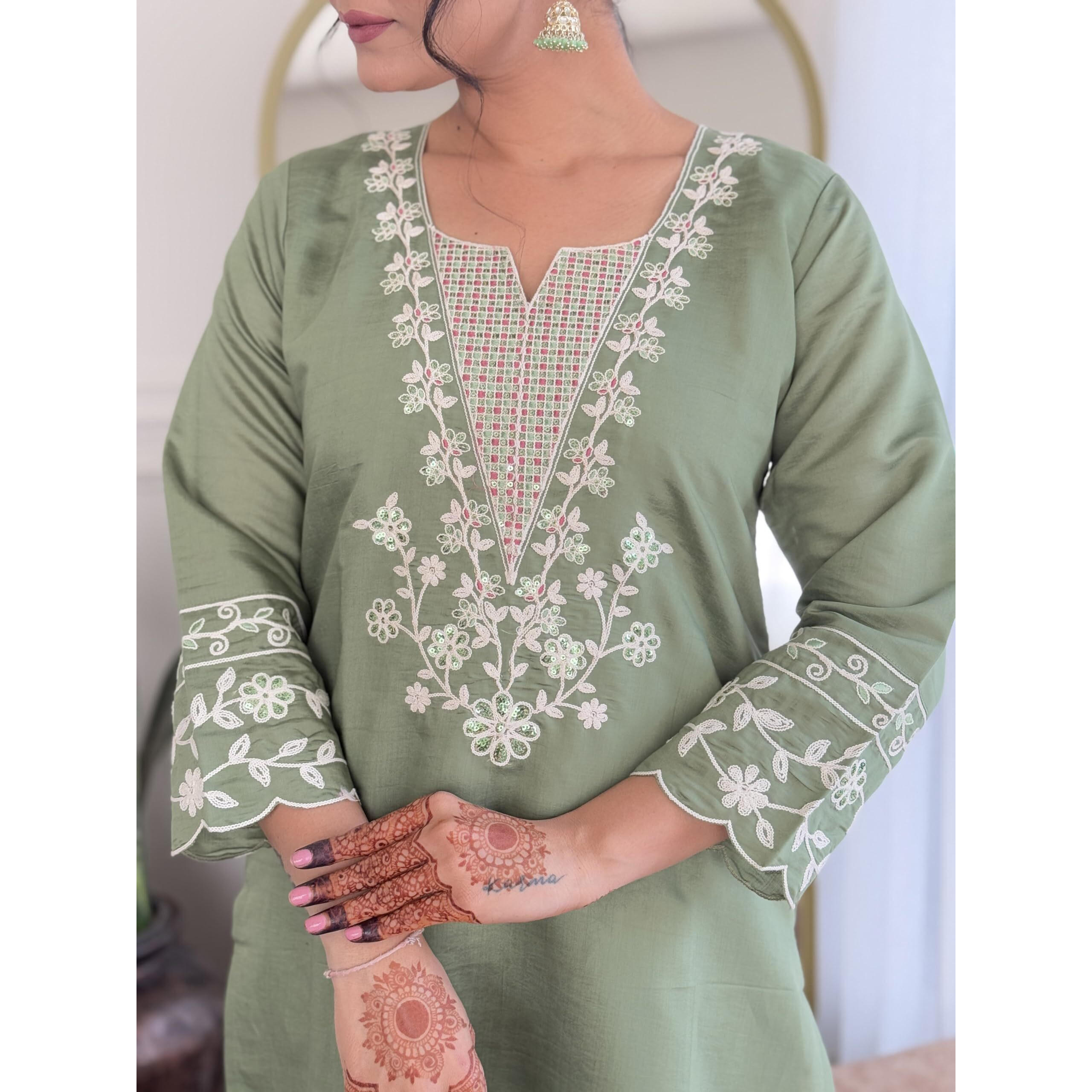 Navlik Women's Pista Chanderi Viscose Embroidered Straight Kurta with Chanderi Viscose Pant and Linen Printed Dupatta Sets (NK-S-Veda)