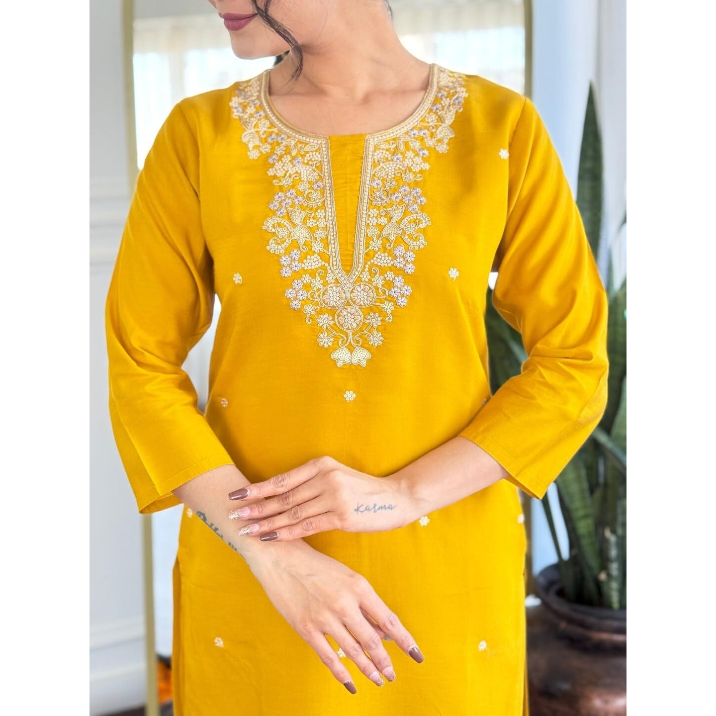 Navlik Women's Chanderi Viscose Embroidered Straight Kurta Pant and Dupatta Sets with 3/4 Sleeve Boat Neck Calf Length | Salwar Suit Set