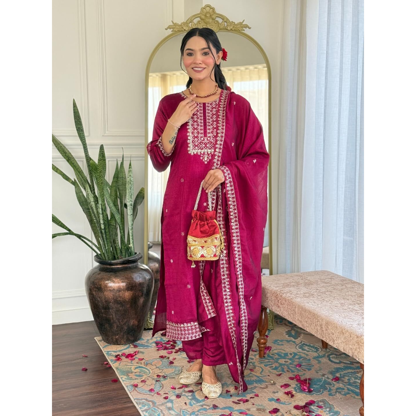 Navlik Women's Vichitra Silk Embroidered Straight Kurta Pant and Sets (S-Yashvi)
