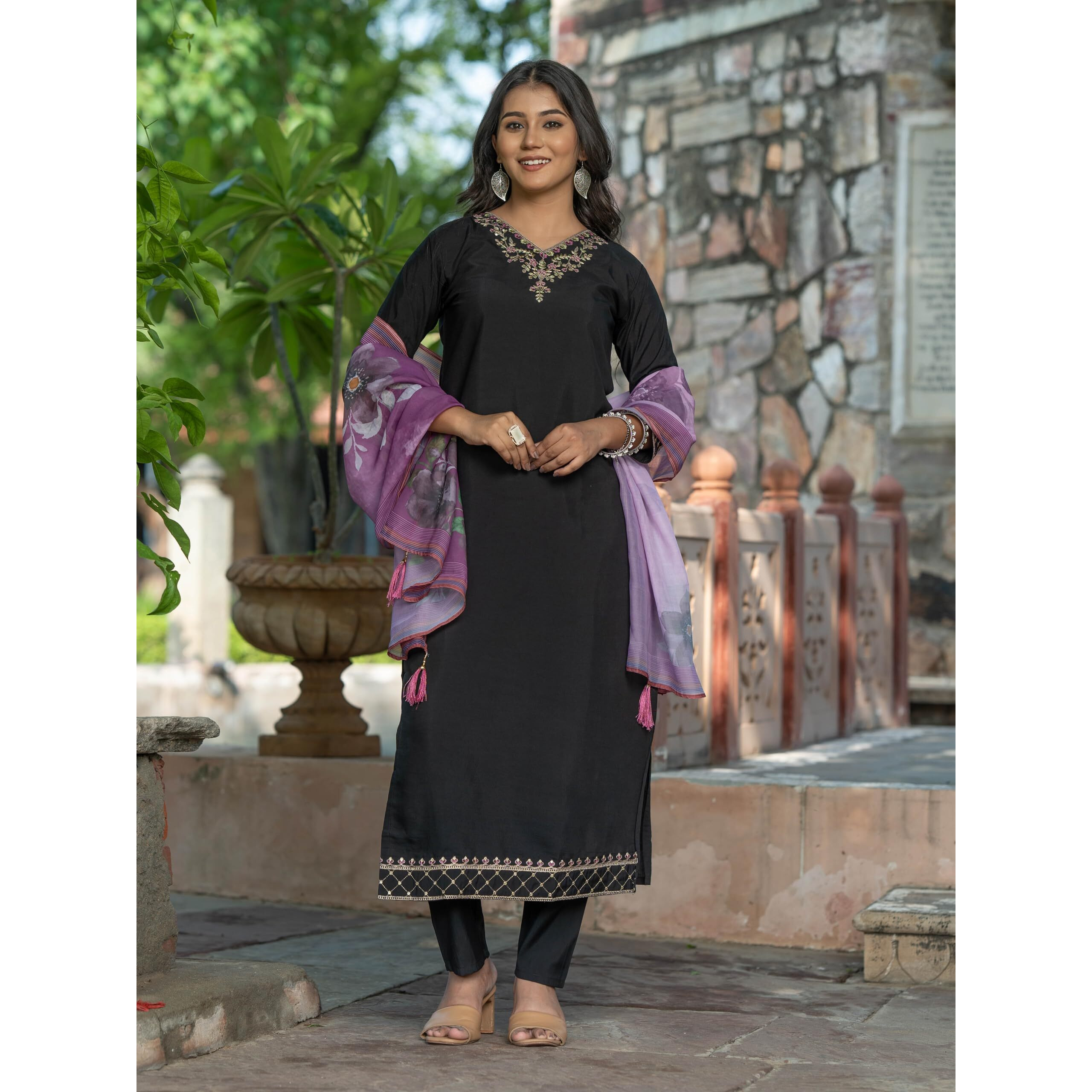 Navlik Women's Viscose Silk Embroidered Straight Kurta with Pant and Dupatta Sets (S-Zareen)