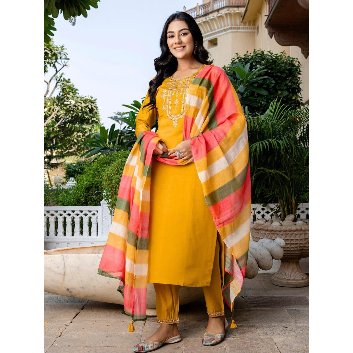 Navlik Women's Chanderi Viscose Embroidered Straight Kurta with Pant and Dupatta Sets (S-Zia)