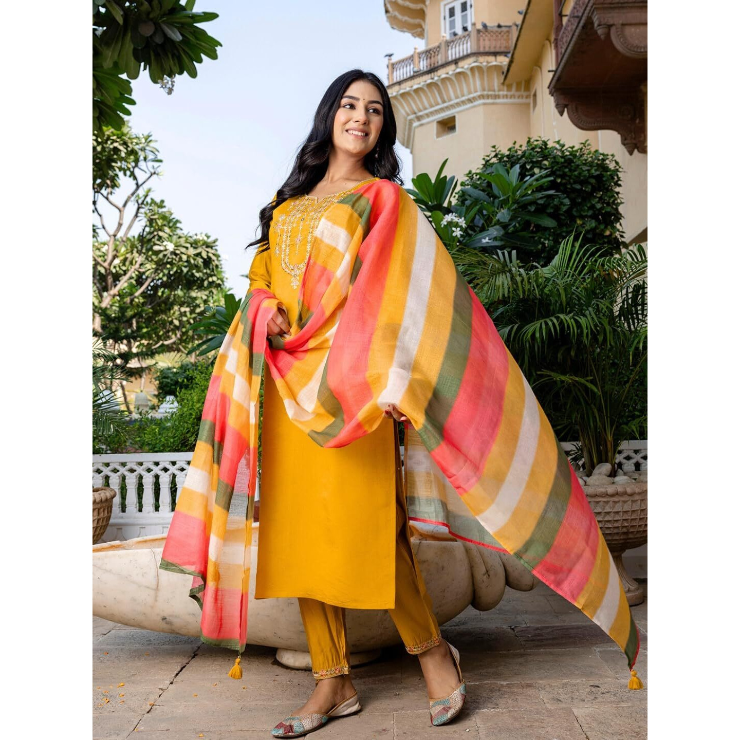 Navlik Women's Chanderi Viscose Embroidered Straight Kurta with Pant and Dupatta Sets (S-Zia)