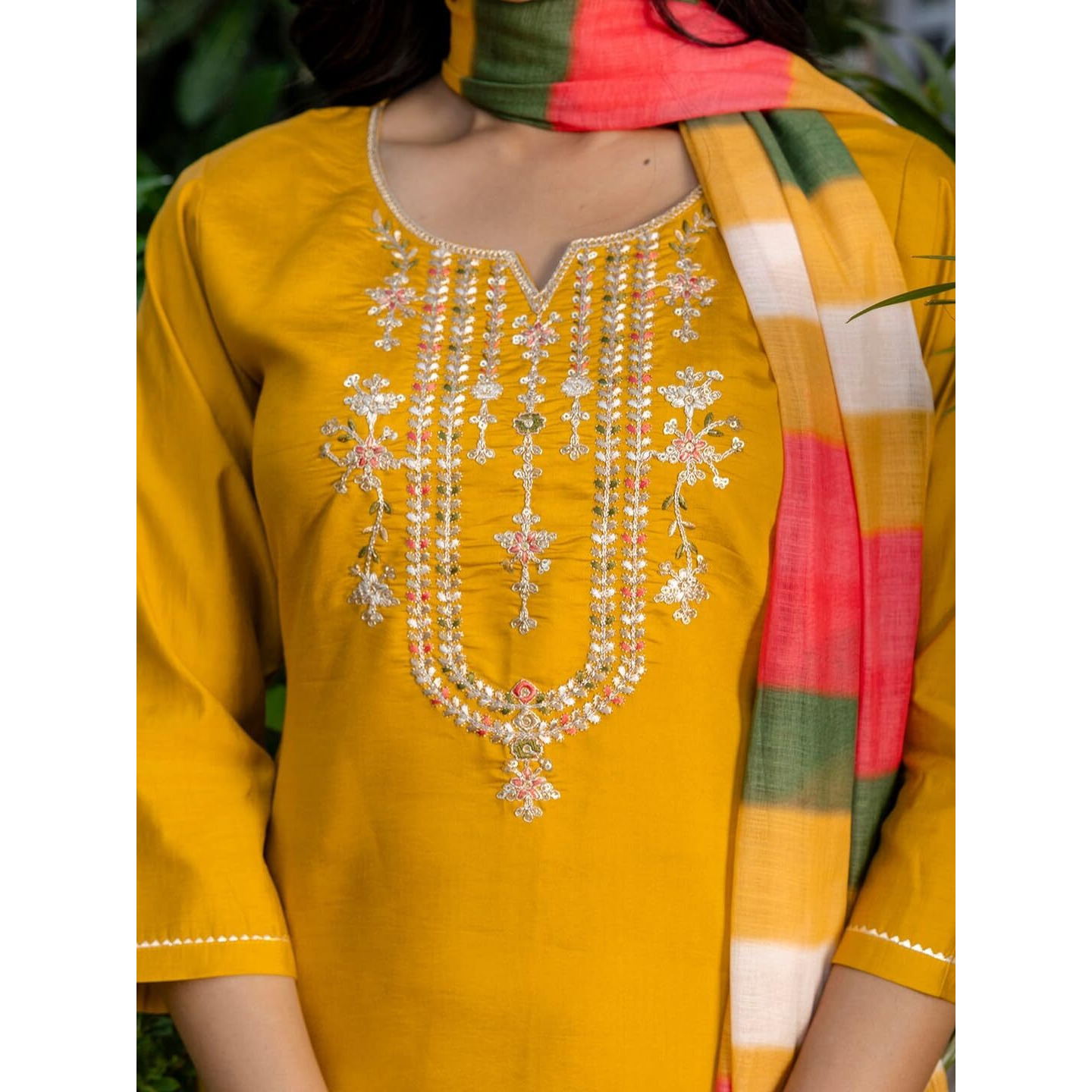 Navlik Women's Chanderi Viscose Embroidered Straight Kurta with Pant and Dupatta Sets (S-Zia)