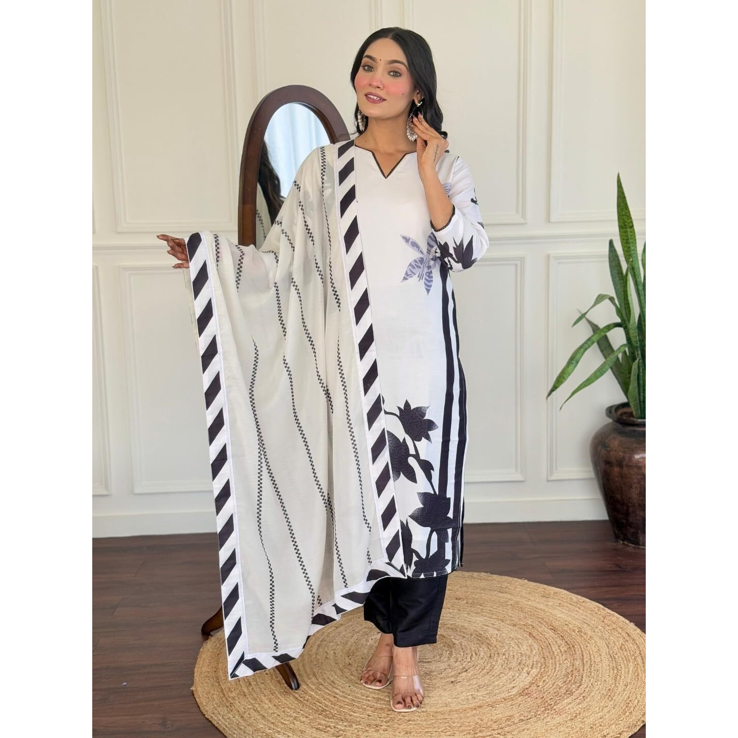 Navlik Women's Muslin Printed A-Line Kurta Rayon Pant and Dupatta Sets (V-Aasma)