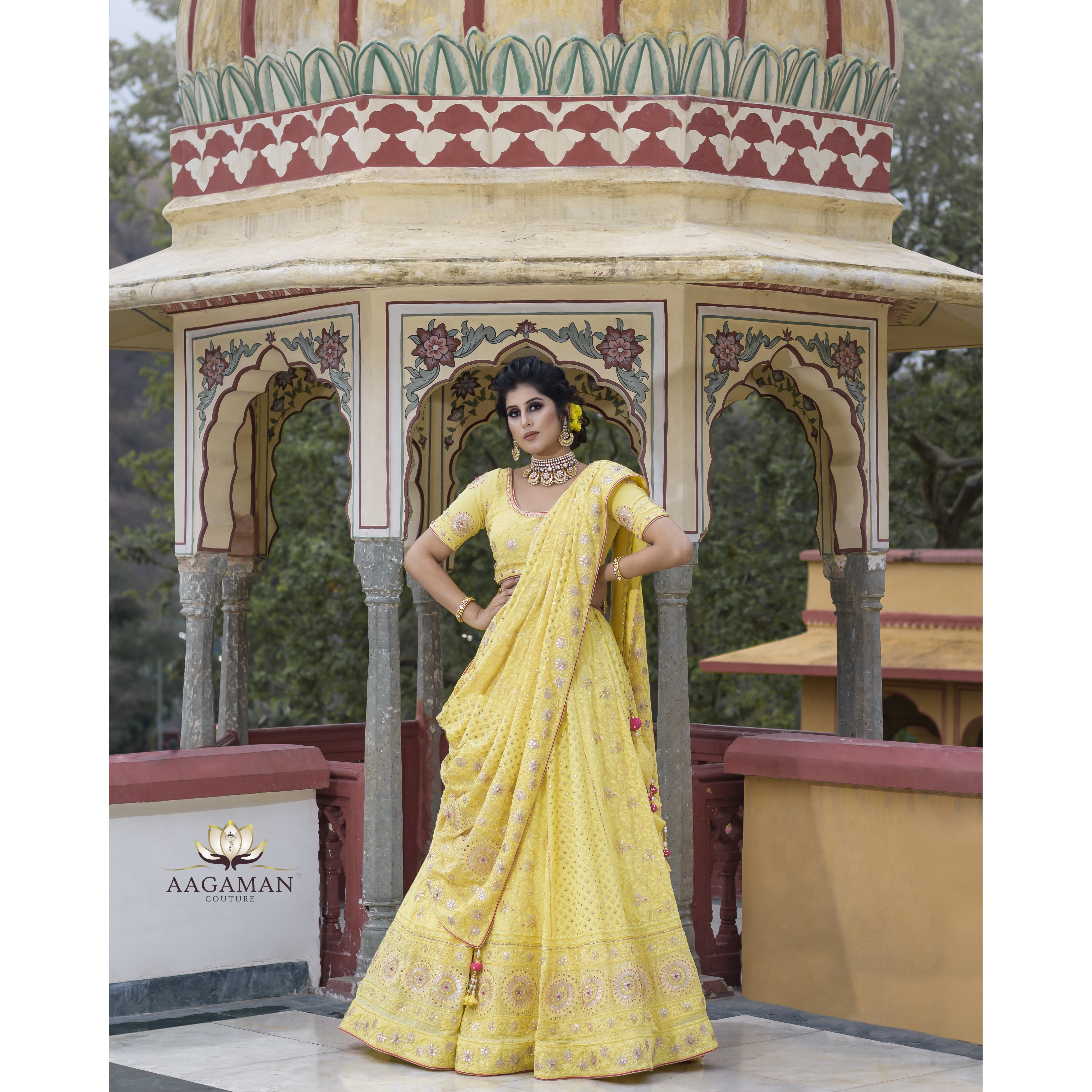 Yellow Chikan Mukaish with Zardozi Gota Patti Pure Silk Georgette Lehenga Set with Jaal Dupatta