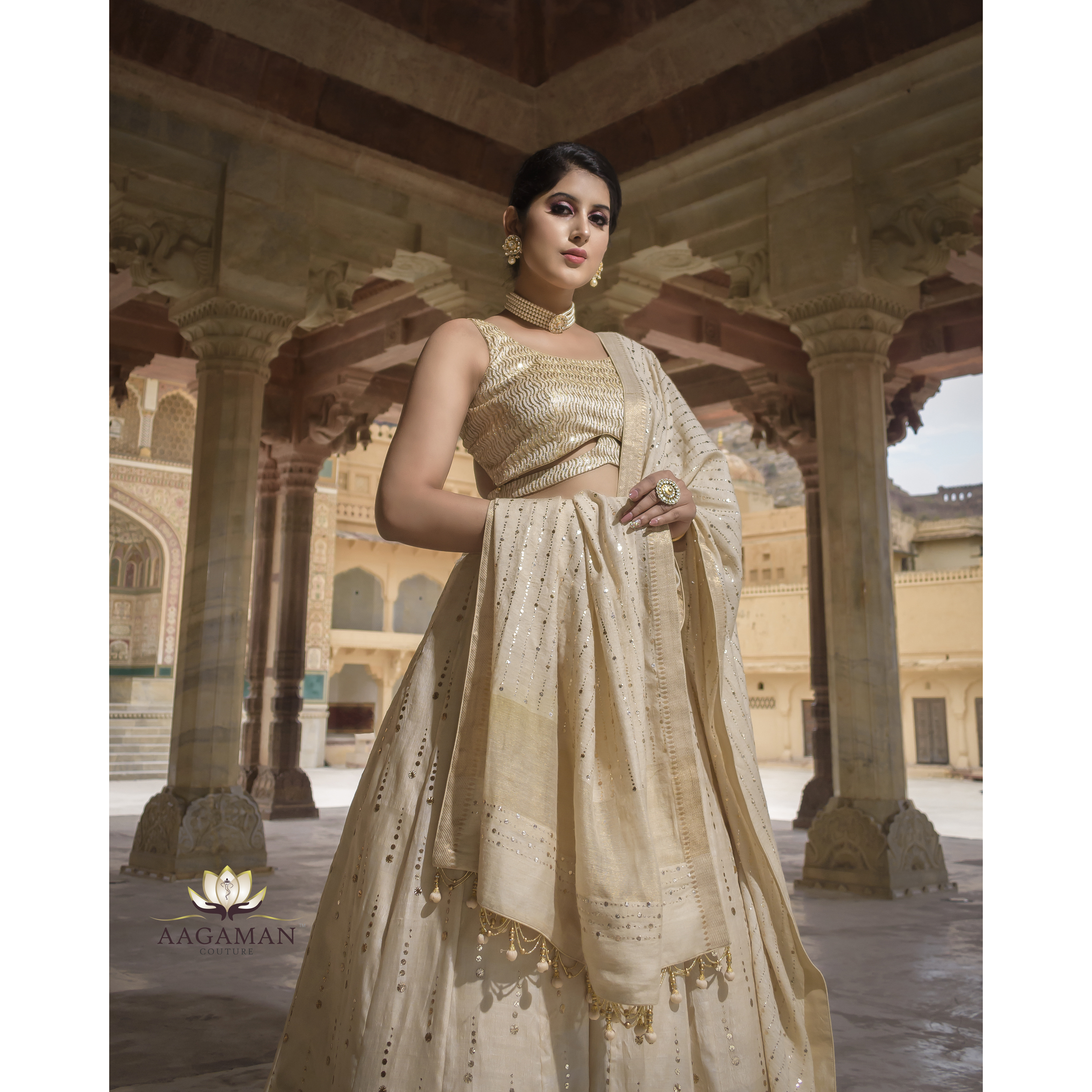 Beige Mukaish Raindrop Pure Tassar Lehenga Set
