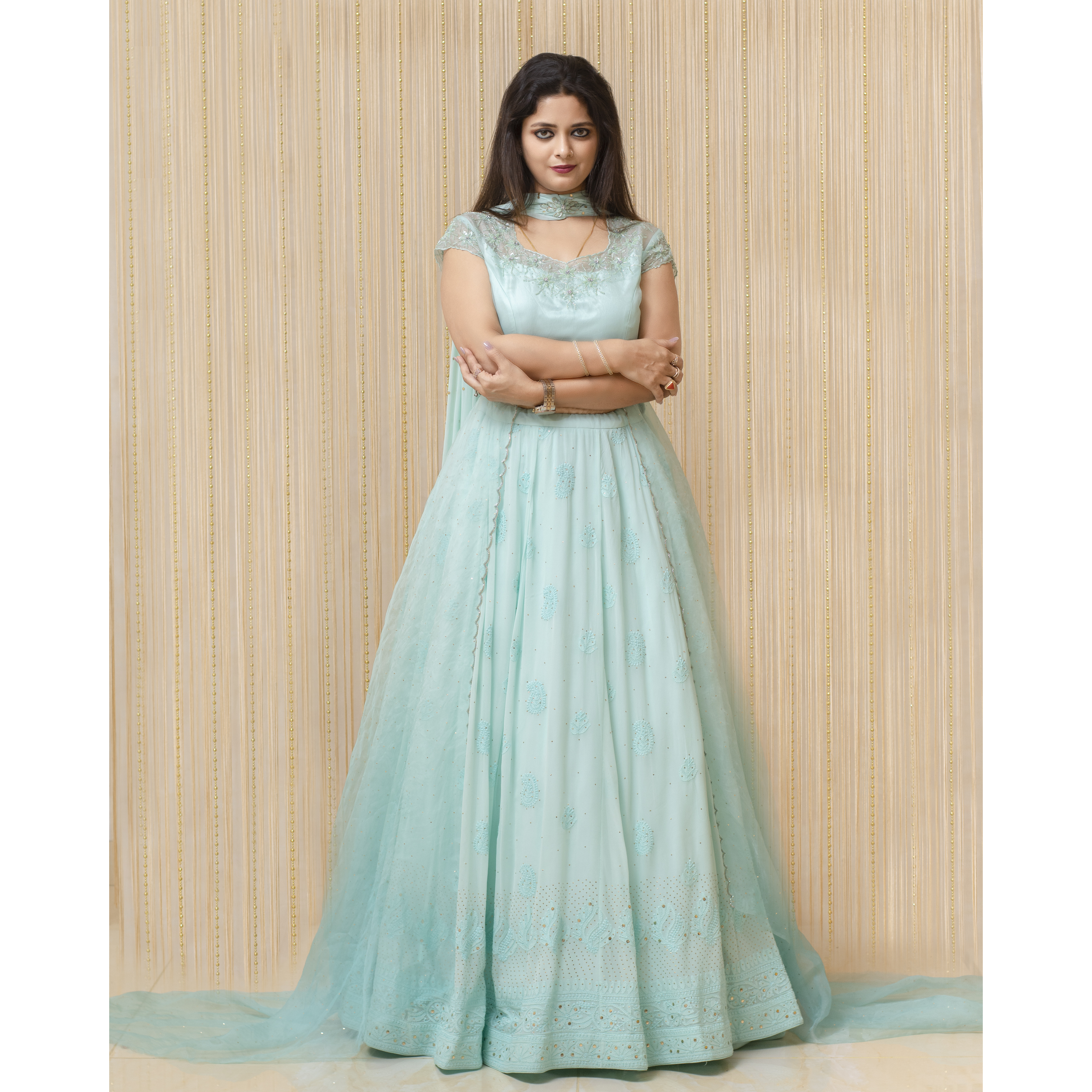 Sky Blue Chikan Mukaish Light Viscose Georgette Lehenga Set