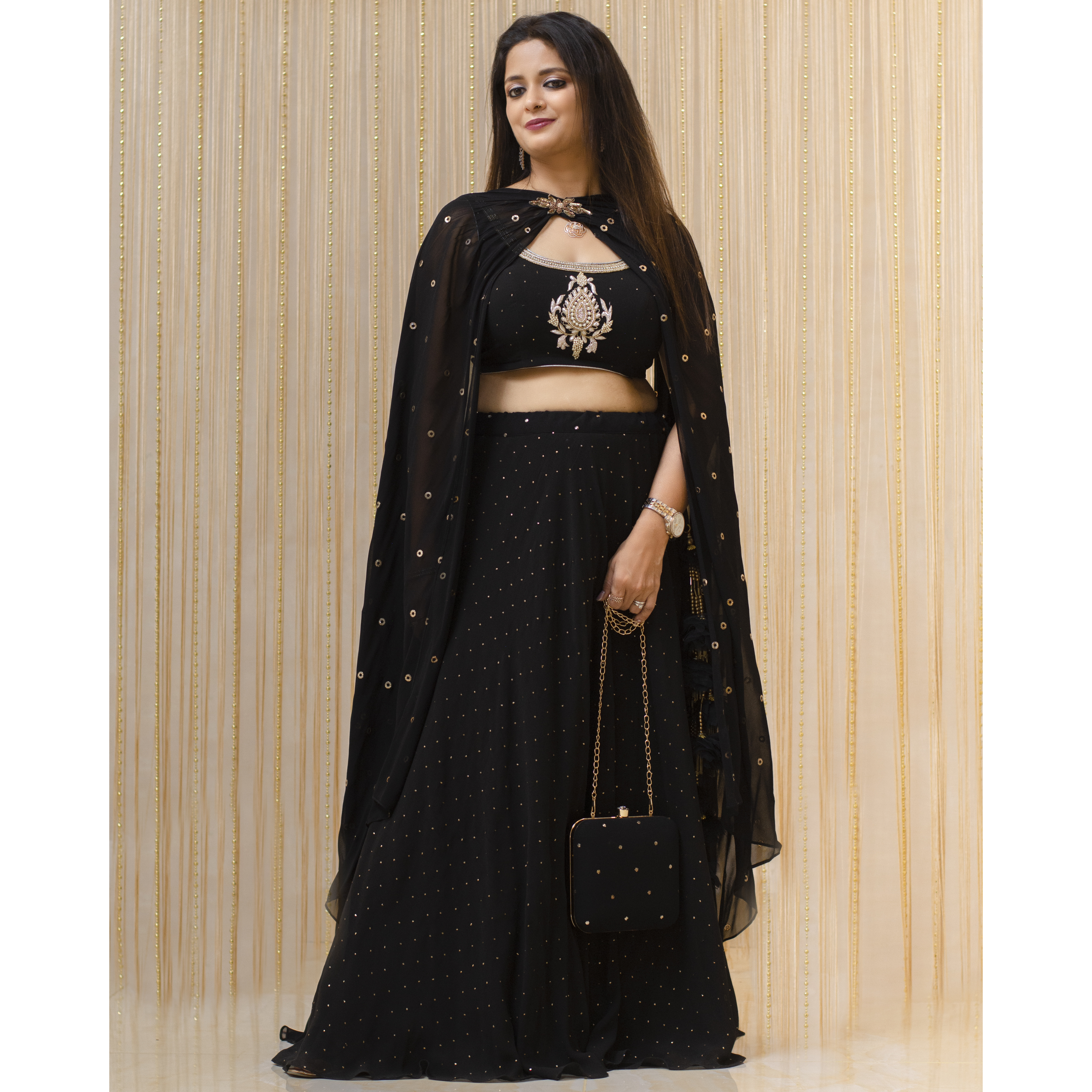 Black Dana Mukaish Viscose Georgette Lehenga Set
