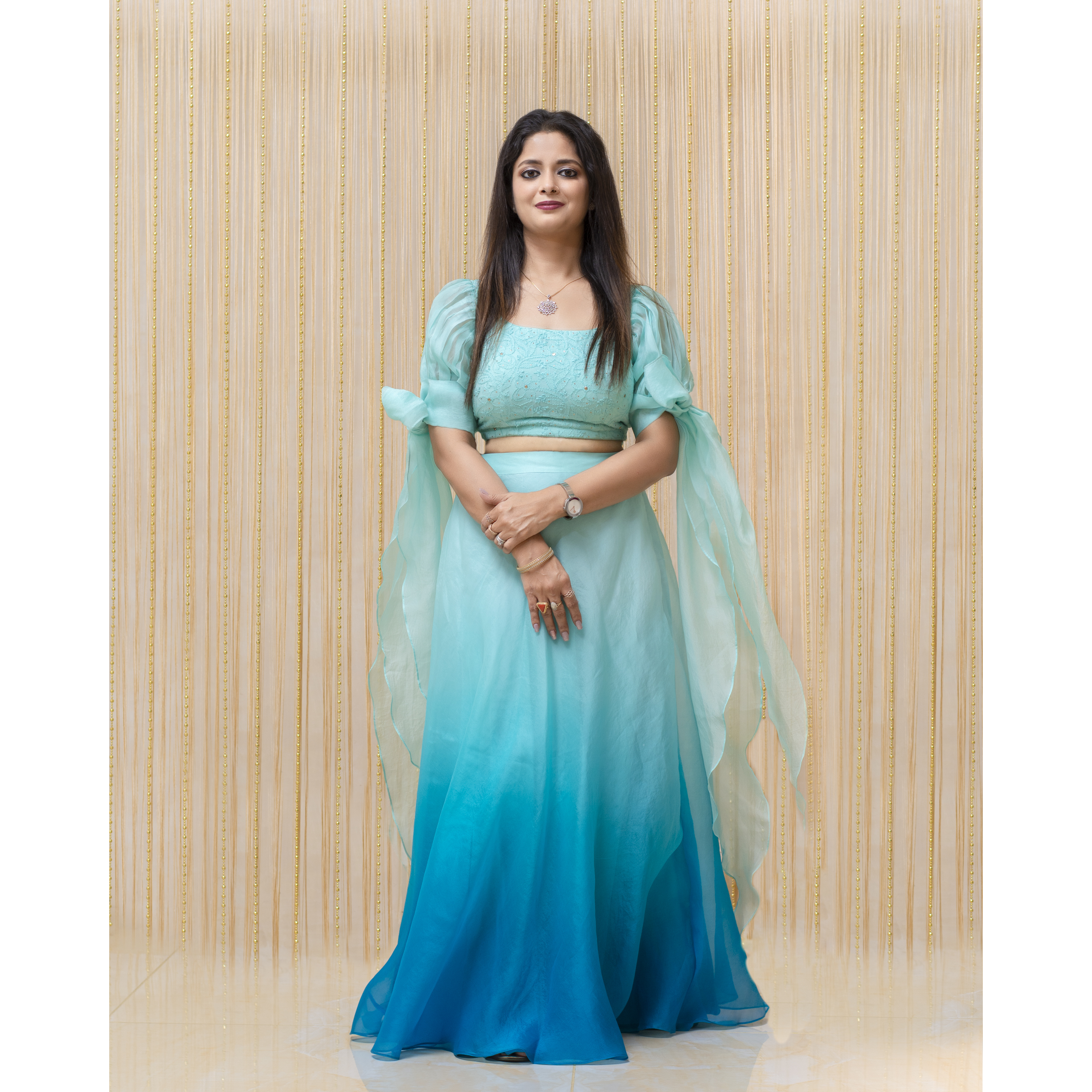 Shaded Blue Pure Organza Skirt with Chikan Mukaish Top