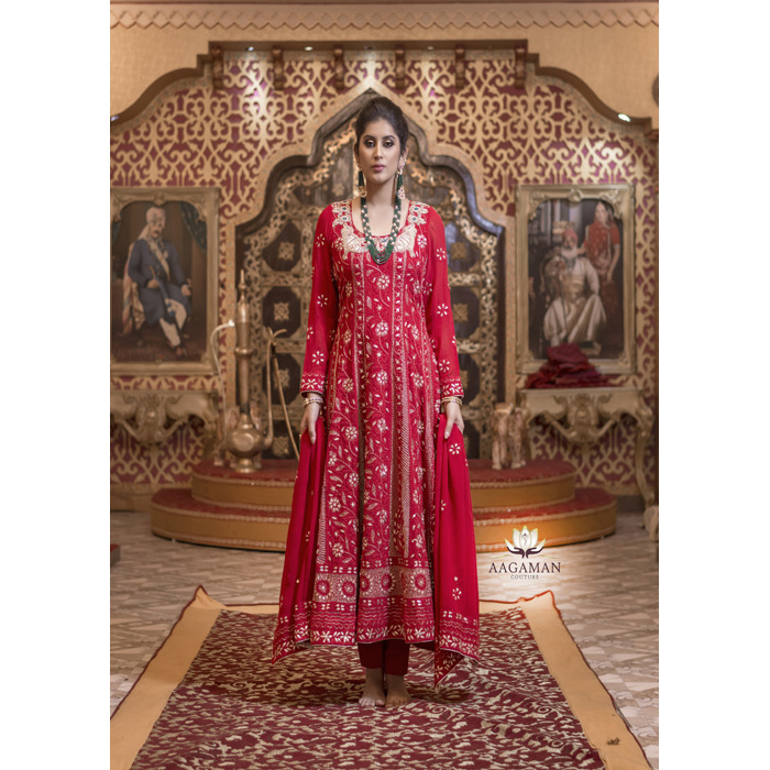 Red Chikan Gota Patti with Zardozi Work Viscose Georgette Anarkali Set