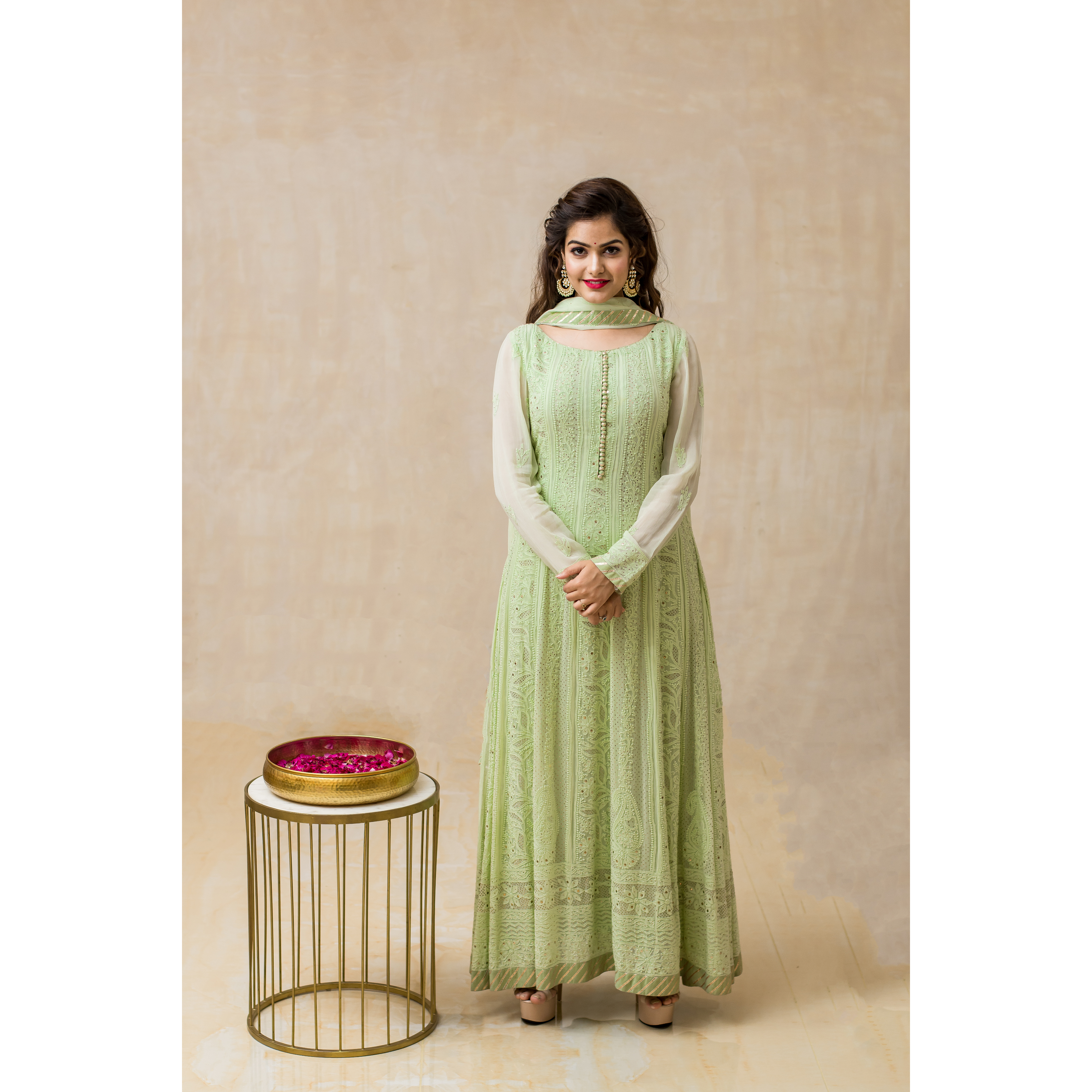 Pista Green CHikan Mukaish Viscose Georgette Anarkali Set