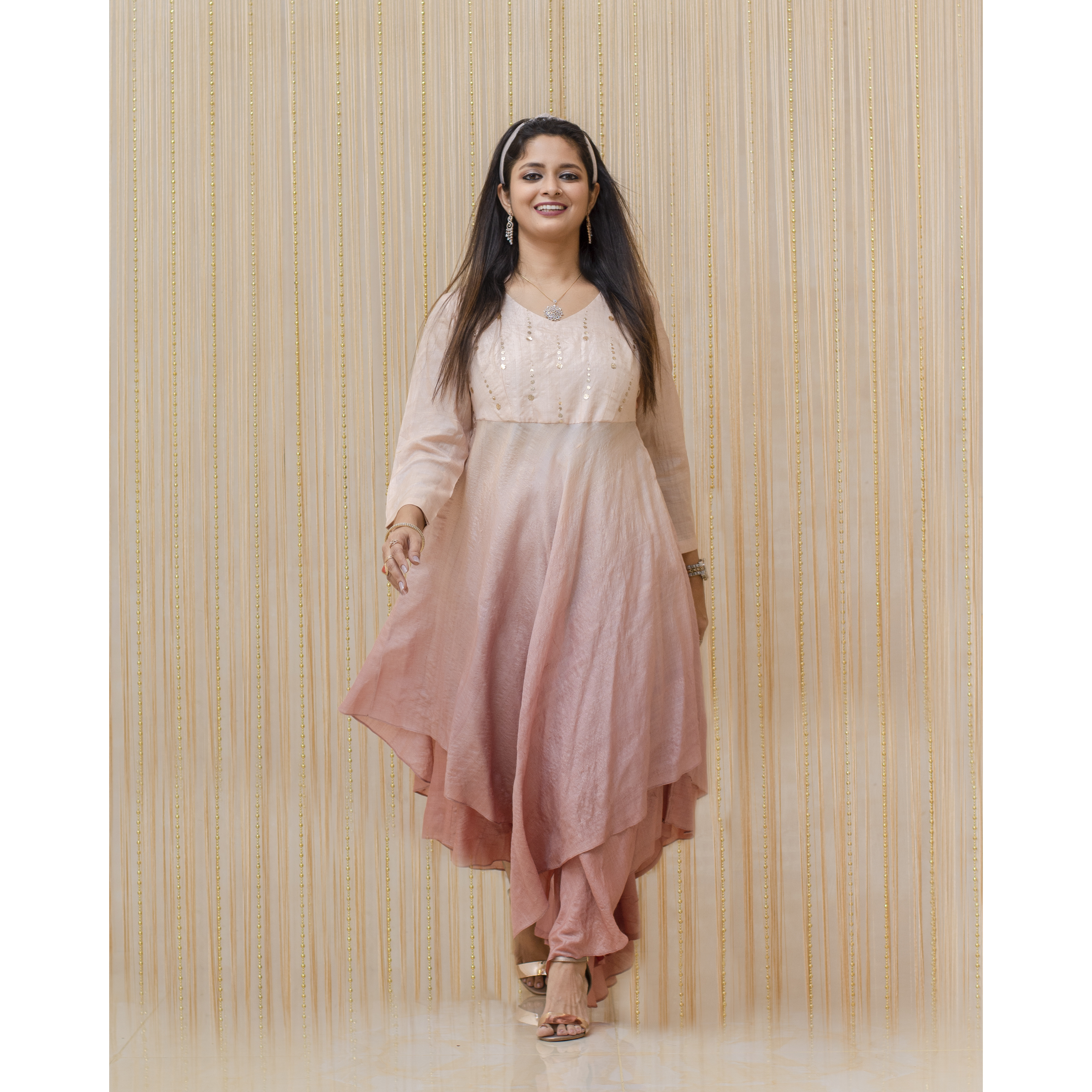 Shaded Pink Pure Tassar Silk Raindrop Mukaish Work Kurta with Plazzo