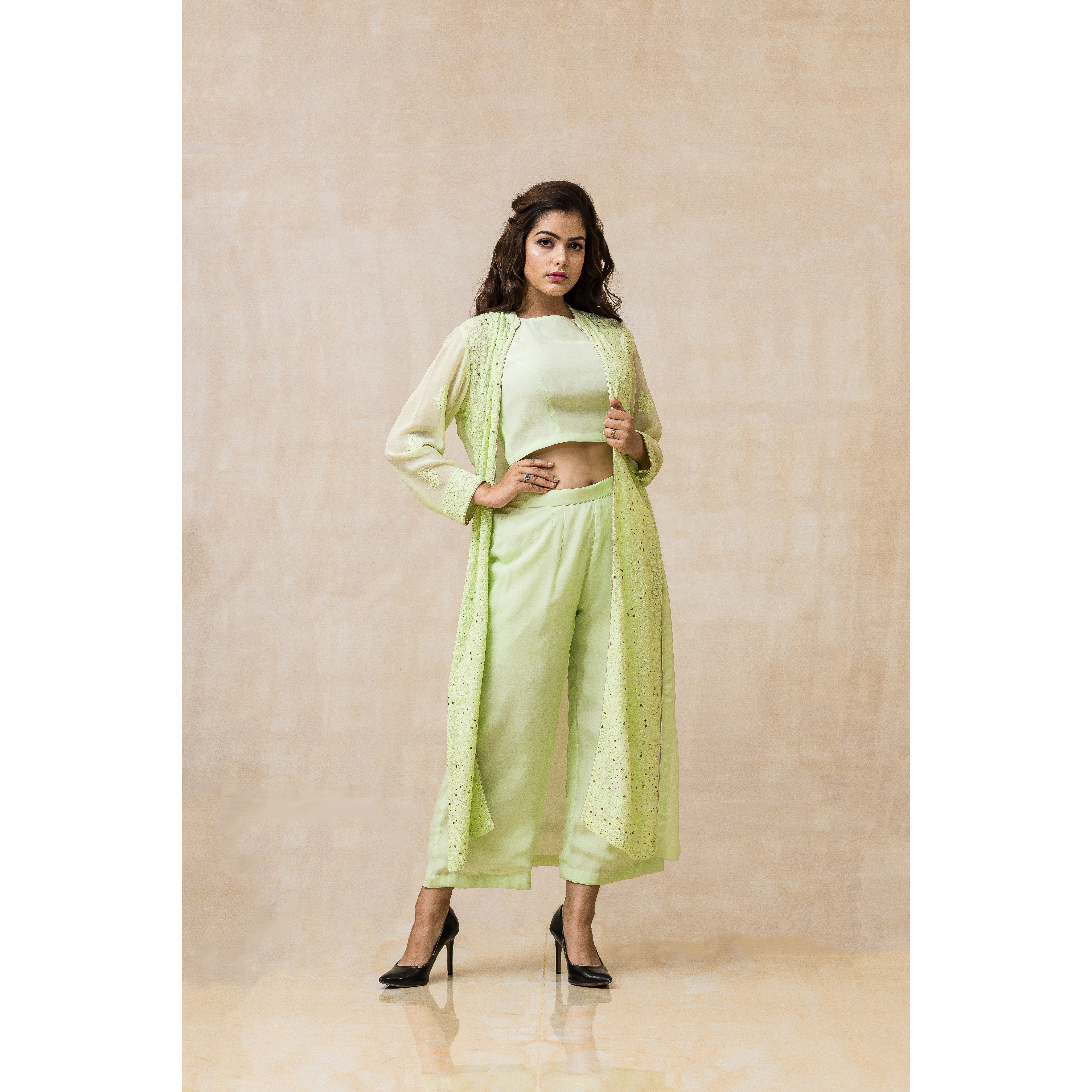 Pista Green Chikan Mukaish Viscose Georgette Jacket with Crepe Crop Top & Palazzo