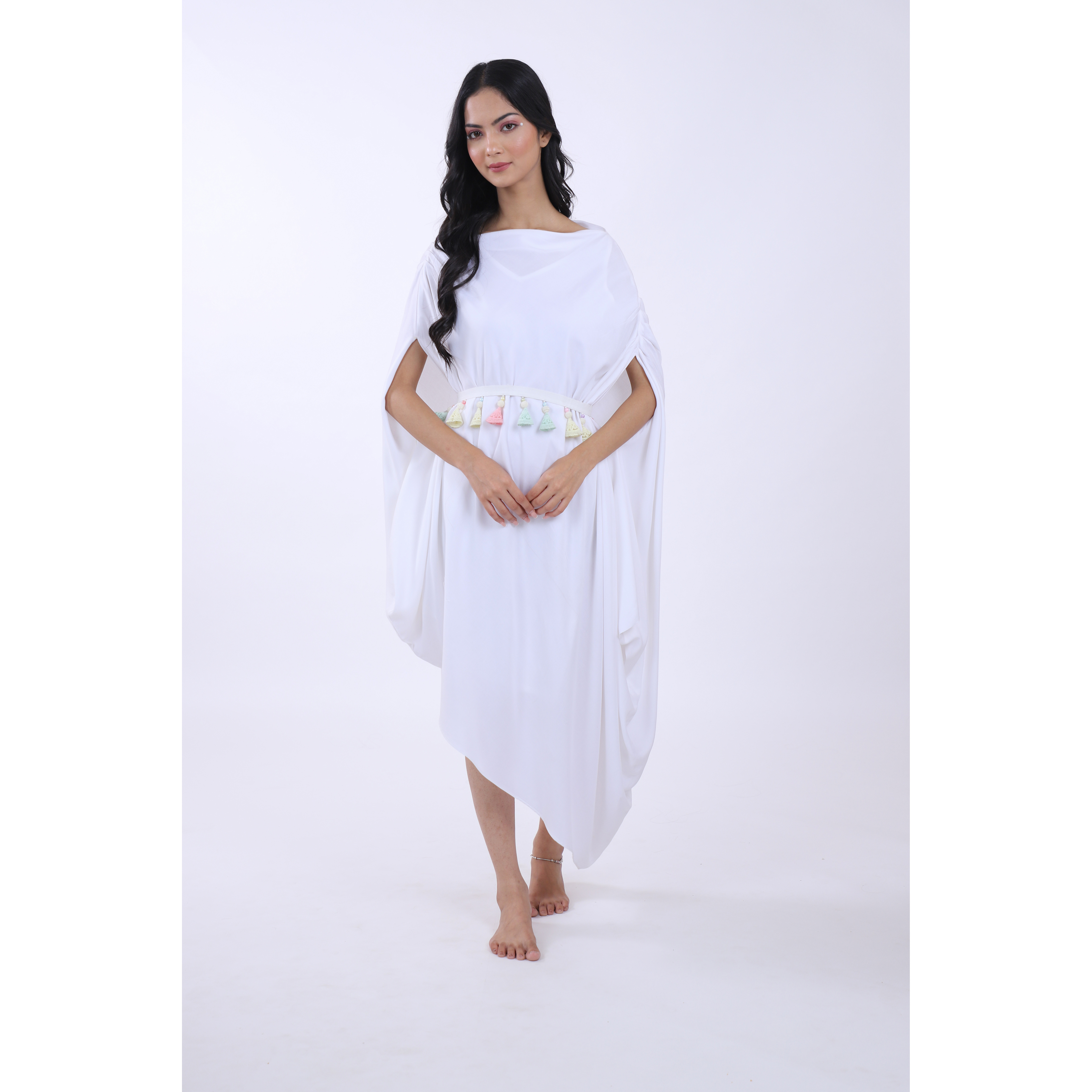 A Majestic Splendour Stunning Rayon Drape Dress in White with MultiColor Tassel Belt